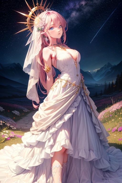 Colorful starrailloating white feathers),Purple,(((((masterpiece))))),(((((high resolution))))),alone,(hair splayed out),((flowing hair)),pink hair,blue_Eye,permanent,Big breasts,((Beautiful and detailed skirt, flower patterns on clothes,White dress)),bridal gloves,ribbon,hair ribbon,hair flower,veil,beautiful detailed sky,glowing light,Ray tracing,reflected light,depth of field,((((Put your arms behind your back)))),Flowers and meadows,Mountain,(((((role conception))))),(((((Extremely detailed CG unified 8k wallpaper))))),Cross necklace,crown,earrings,bridal veil,sling,starry sky,clusters of stars,starry sky,Twinkling stars,,Poker face,Neat figure,sit on the floor