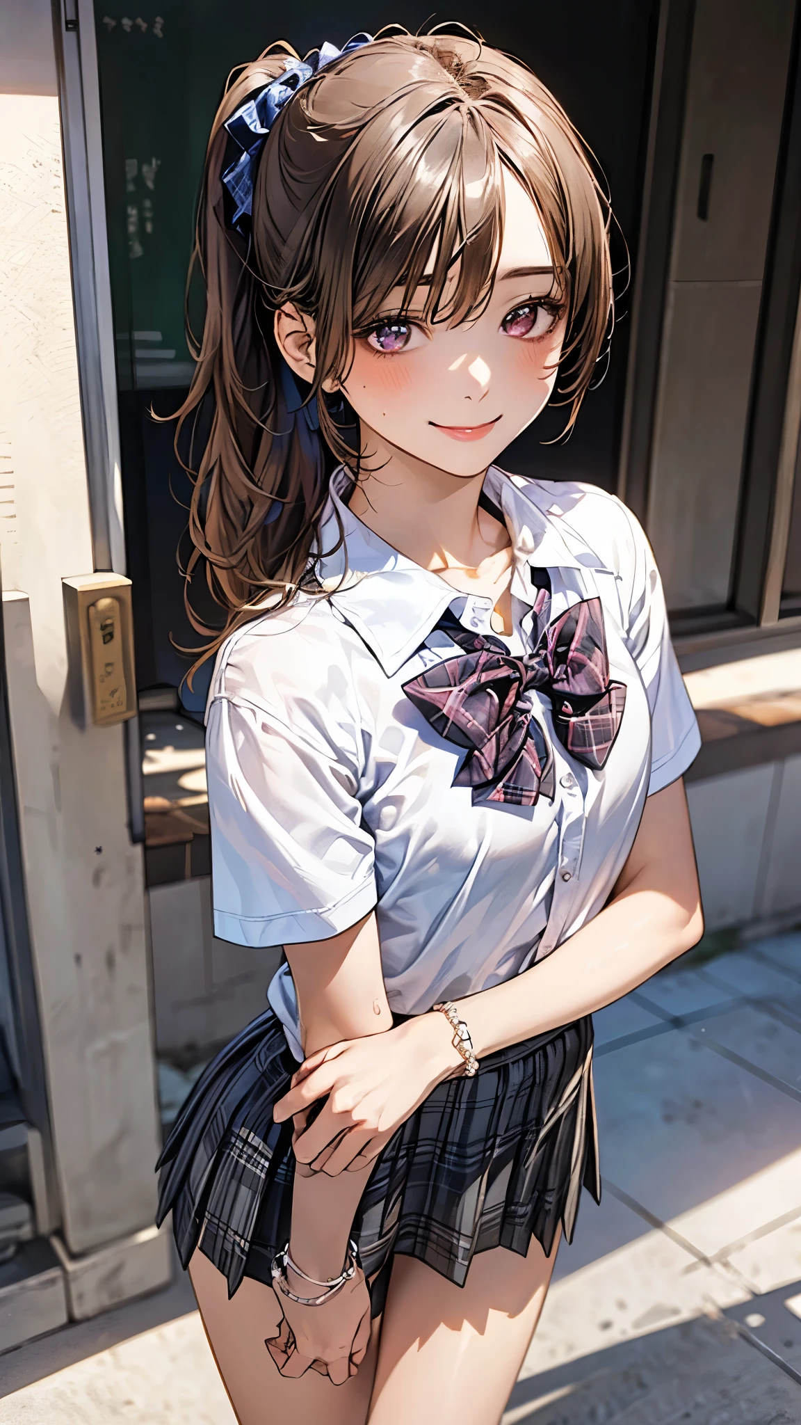 (masterpiece:1.2, top-quality), (realistic, photorealistic:1.4), beautiful illustration, (natural side lighting, movie lighting), 
looking at viewer, full body, 1 girl, japanese, high school girl, perfect face, cute and symmetrical face, suntan, shiny skin, 
(long hair:1.5, side ponytail:1.4, brown hair), hair over one eye:1.4, maroon eyes, long eye lasher, (large breasts:0.6), 
beautiful hair, beautiful face, beautiful detailed eyes, beautiful clavicle, beautiful body, beautiful chest, beautiful thigh, beautiful legs, beautiful fingers, 
((collared short sleeve shirt, white shirt, school uniform, grey plaid pleated skirt, blue plaid bow tie), wrist chakra), white panties, 
(beautiful scenery), school, (standing, open legs, skirt lift,), (lovely smile, upper eyes), 