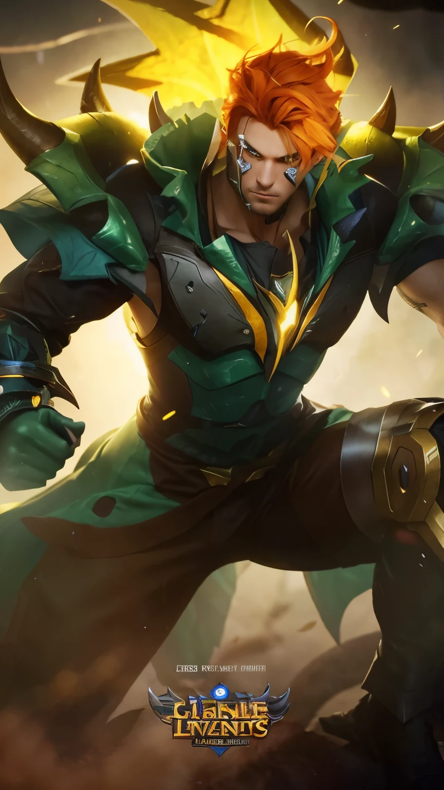 1man, Claude mobile legends game, green dragon clothes, orange hair, short hair, realistic, ultra detail, 70mm lens