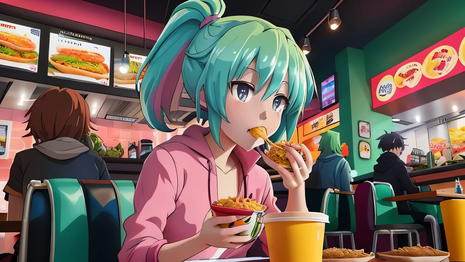 anime girl with green hair eating noodles in a fast food restaurant, anime style 4 k, anime styled digital art, anime style. 8k, digital anime illustration, detailed digital anime art, rossdraws cartoon vibrant, anime art wallpaper 4k, anime art wallpaper 4 k, realistic anime artstyle, anime art wallpaper 8 k, stunning art style, anime style illustration