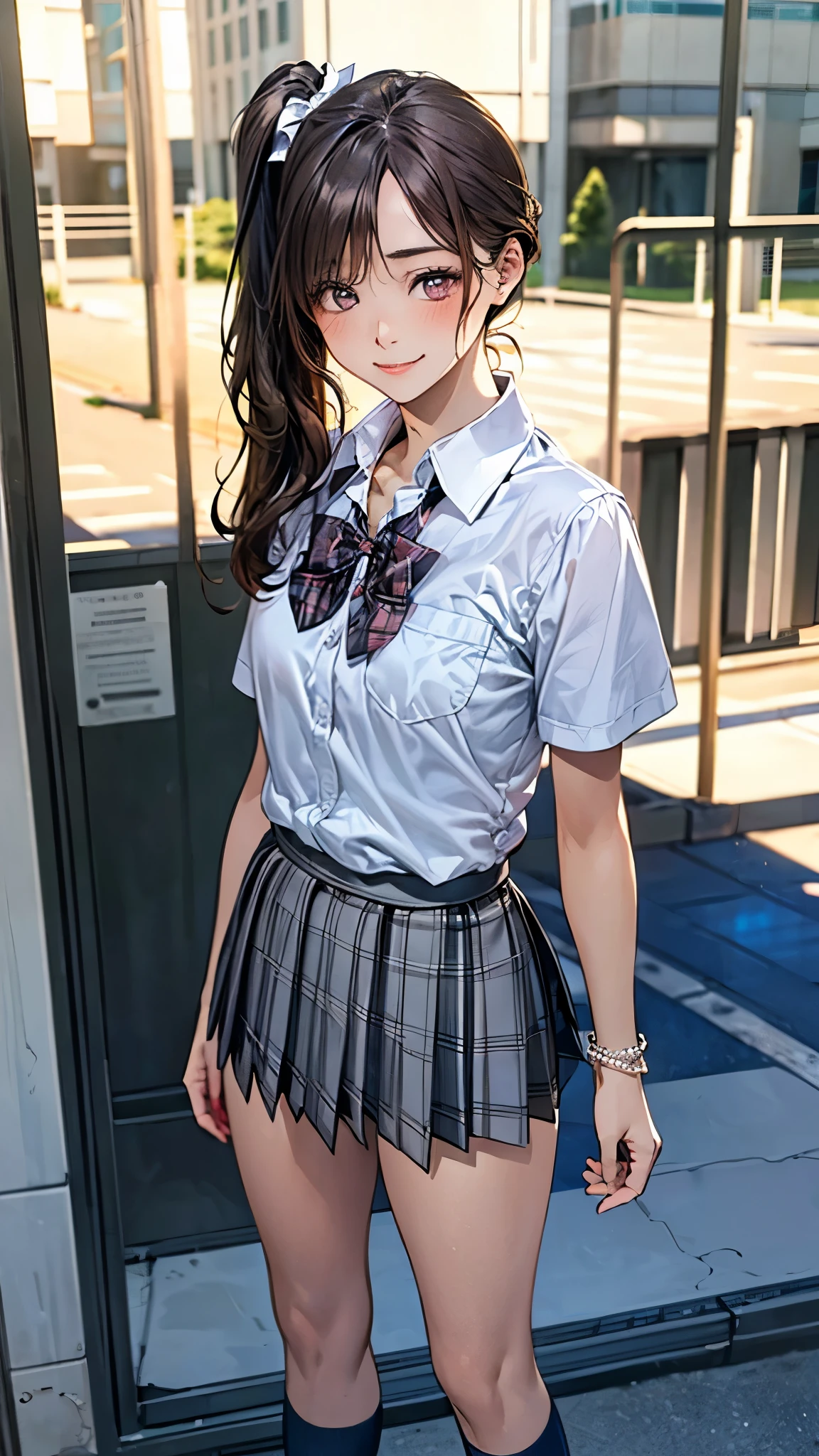 (masterpiece:1.2, top-quality), (realistic, photorealistic:1.4), beautiful illustration, (natural side lighting, movie lighting),
looking at viewer, full body, 1 girl, japanese, high school girl, perfect face, cute and symmetrical face, suntan, shiny skin,
(long hair:1.5, side ponytail:1.4, brown hair), hair over one eye:1.4, maroon eyes, long eye lasher, (large breasts:0.6),
beautiful hair, beautiful face, beautiful detailed eyes, beautiful clavicle, beautiful body, beautiful chest, beautiful thigh, beautiful legs, beautiful fingers,
((collared short sleeve shirt, white shirt, school uniform, grey plaid pleated skirt, blue plaid bow tie), wrist chakra), white panties,
(beautiful scenery), school, (liftting skirt, standing, open legs), (seductive smile, in heat),