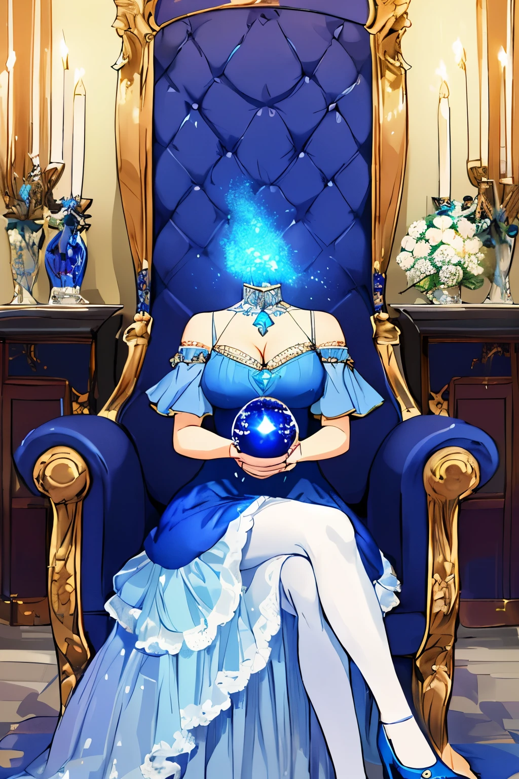 Highly detailed, High Quality, Masterpiece, beautiful, DisembodiedHead, 1girl, solo, headless, princess, cleavage, indigo blue dress, mini skirt, white pantyhose, indigo high heel, sitting, holding crystal ball, couch, living room, castle, fantasy,