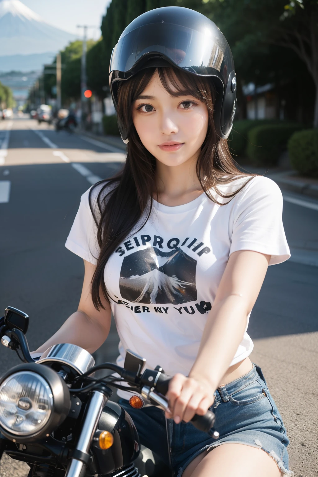 ((highest quality, 8K, masterpiece :1.3)),
Japanese cute milf with curvaceous body,
super detailed face, fine eyes, double eyelid,
coquettish look,urban brown hair, beautiful woman,He has fair skin and is wearing a T-shirt., helmet fashionable american motorcycle ride, Whole motorcycle,The background is Mt.Fuji Street, outdoor,