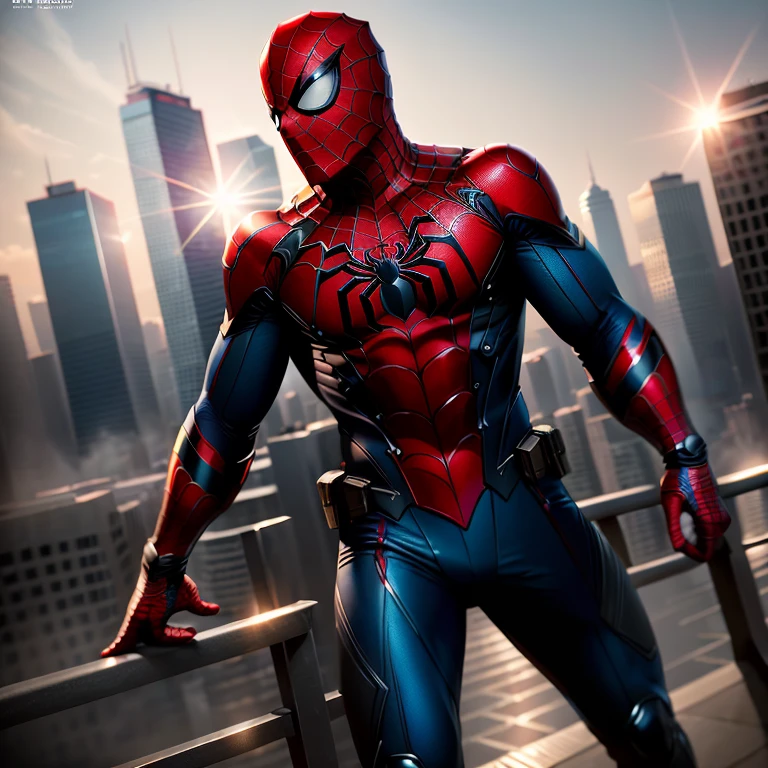 (RAW photo, best quality), (realistic, photo-realistic:1.3), best quality, highly detailed, masterpiece, ultra-detailed, illustration, 1character, full-body, dynamic angle, comic book art, Spider-Man stealth suit, black and dark blue, web design, detailed facial features, expressive eyes, side view, sleek and modern, urban rooftop background, shadows and highlights, cinematic lighting, lens flare, 8k UHD, high resolution, comic book style, detailed textures, intricately designed patterns, realistic fabric folds, sharp focus, volumetric fog, DSLR camera, high quality, comic book