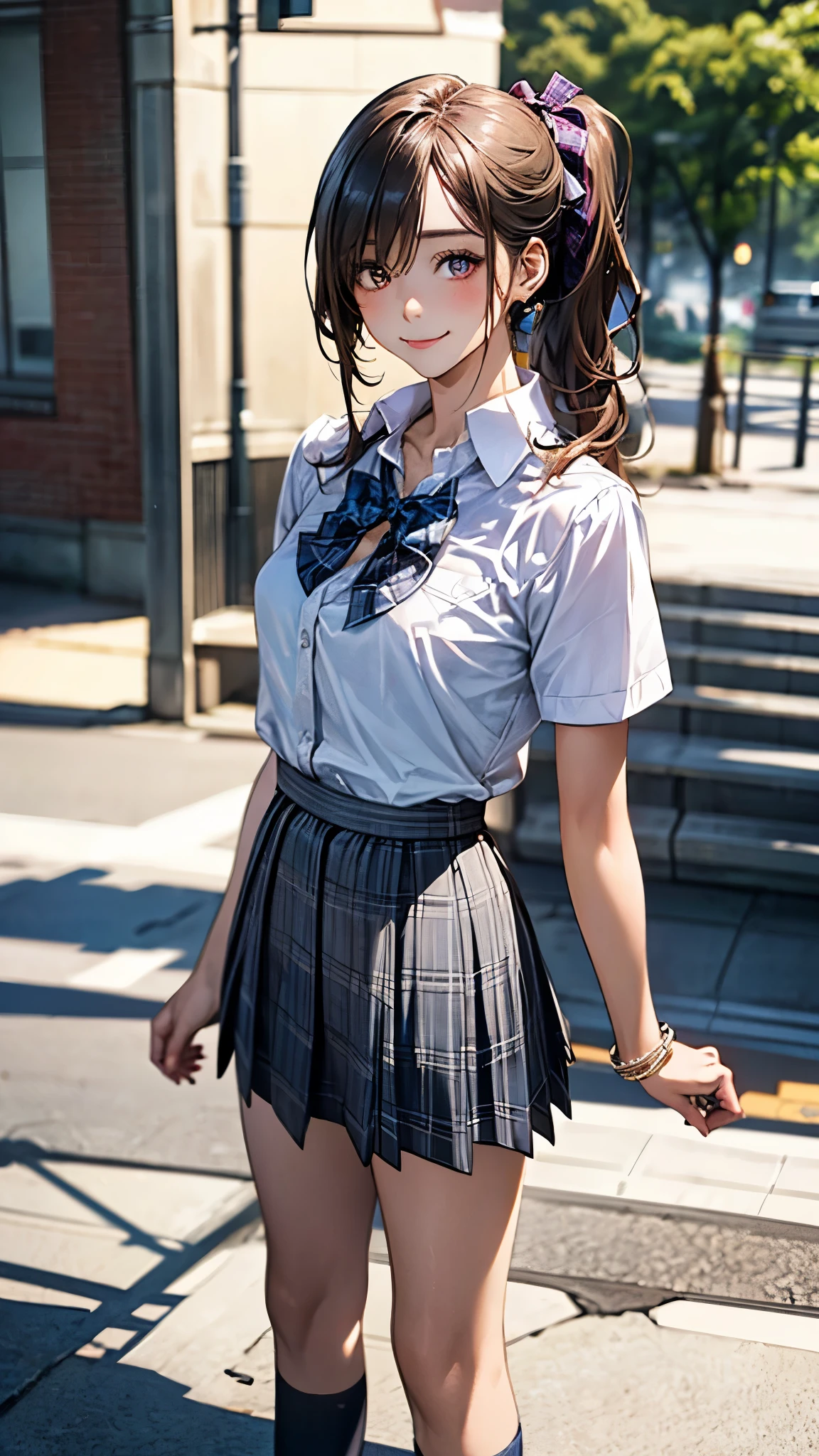(masterpiece:1.2, top-quality), (realistic, photorealistic:1.4), beautiful illustration, (natural side lighting, movie lighting), nsfw,
beautiful detailed hair, beautiful detailed face, beautiful detailed eyes, beautiful clavicle, beautiful body, beautiful chest, beautiful thigh, beautiful legs, beautiful hands,
looking at viewer, 1 girl, japanese, high school girl, perfect face, cute and symmetrical face, shiny skin,
(long hair, straight hair, brown hair), forehead, gray eyes, slant eyes, big eyes, long eye lasher, (medium breasts), (small ass, thin thighs), slender, outstanding style,
(detailed cloth texture, short sleeve white collared shirt, navy school vest, navy pleated skirt, navy bow tie), earrings, necklace,
(beautiful scenery), amusement park, go-round, ferris wheel, (walking, skirt hold), (lovely smile, upper eyes, open mouth small),