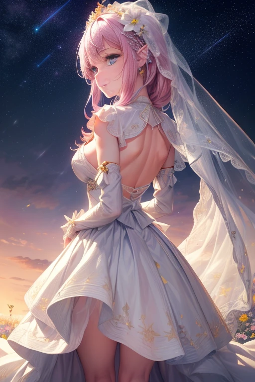 Colorful starrailloating white feathers),Purple,(((((masterpiece))))),(((((high resolution))))),alone,(hair splayed out),((flowing hair)),pink hair,blue_Eye,permanent,Big breasts,((Beautiful and detailed skirt, flower patterns on clothes,White dress)),bridal gloves,ribbon,hair ribbon,hair flower,veil,beautiful detailed sky,glowing light,Ray tracing,reflected light,depth of field,((((Put your arms behind your back)))),Flowers and meadows,Mountain,(((((role conception))))),(((((Extremely detailed CG unified 8k wallpaper))))),Cross necklace,crown,earrings,bridal veil,sling,starry sky,clusters of stars,starry sky,Twinkling stars,,Poker face,Neat figure,sit on the floor,Short white skirt