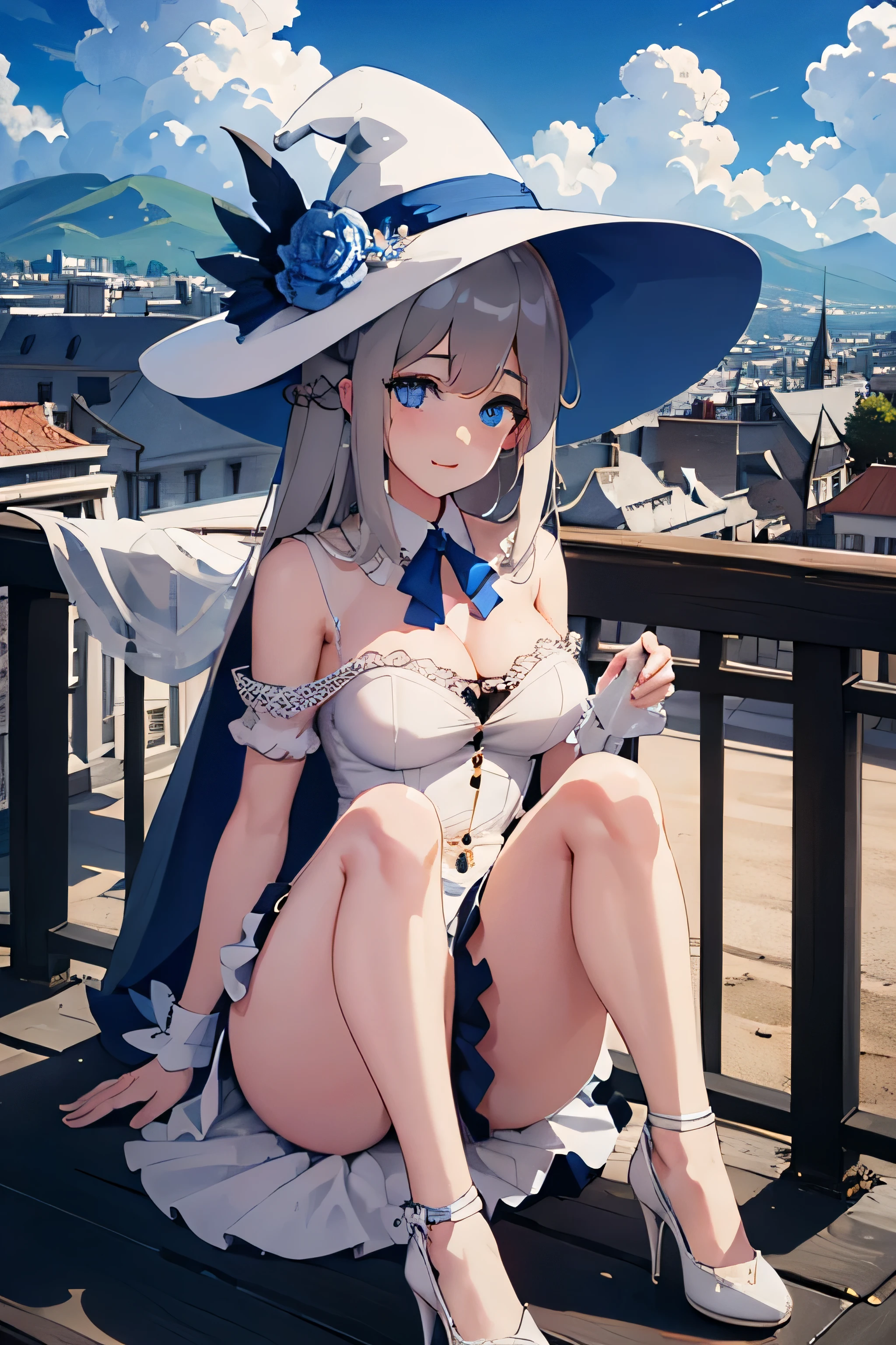 {{alone}}, {{best quality}}, {{masterpiece}}, Very detailed wallpaper, delicate face, Beautiful detailed streets, beautiful detailed sky, railing, City, cloud, shadow, {Long loose hair}, {{white shirt under black robe}}, {white collar shirt}, Medium ruffled skirt, {{Royal blue skirt with white edges}}, Beautiful and delicate eyes, {{bare shoulders}}, {{witch hat}}, pendant on hat tip, {{{whole body}}}, high resolution,High heel,Look though,wet clothes