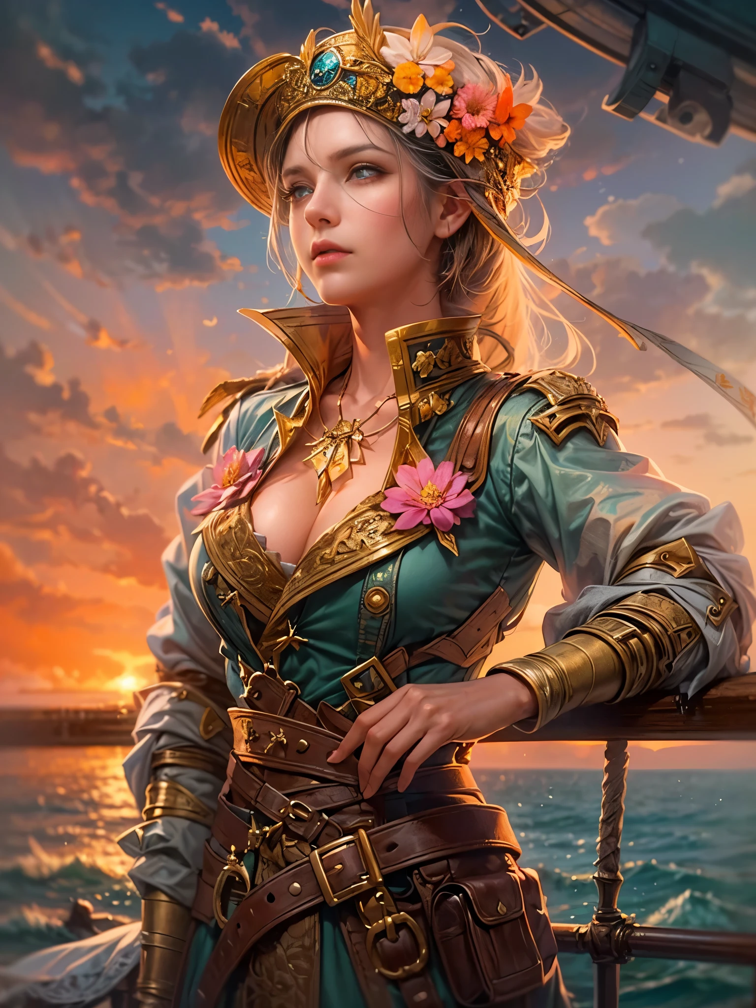 a picture of figures，It depicts a fantasy female pirate captain leaning on the railing of the ship in a  moment, with his back to the sea at sunset, his expression thoughtful, (eyes looking at the audience: 1.5)，Vibrant sunset sky reflected in calm sea，seagulls in the distance。Soft, warm lighting highlights her thoughtful gaze。Create using：digital strokes、Reflect emotions、calm ocean scene、Detailed character research、ambient sunset color、peaceful atmosphere、glibatree tips、HD quality、Natural look。Focus on showing the elegance and sophistication of female captains, (floral watercolor painting:1.3)，(Super high saturation, bright and vivid colors:1.5), (nsfw),