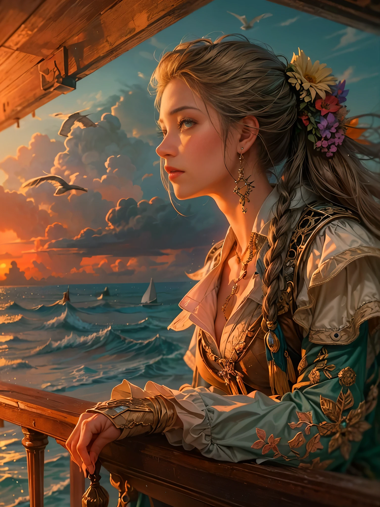a picture of figures，It depicts a fantasy female pirate captain leaning on the railing of the ship in a  moment, with his back to the sea at sunset, his expression thoughtful, (eyes looking at the audience: 1.5)，Vibrant sunset sky reflected in calm sea，seagulls in the distance。Soft, warm lighting highlights her thoughtful gaze。Create using：digital strokes、Reflect emotions、calm ocean scene、Detailed character research、ambient sunset color、peaceful atmosphere、glibatree tips、HD quality、Natural look。Focus on showing the elegance and sophistication of female captains, (floral watercolor painting:1.3)，(Super high saturation, bright and vivid colors:1.5), (nsfw),
