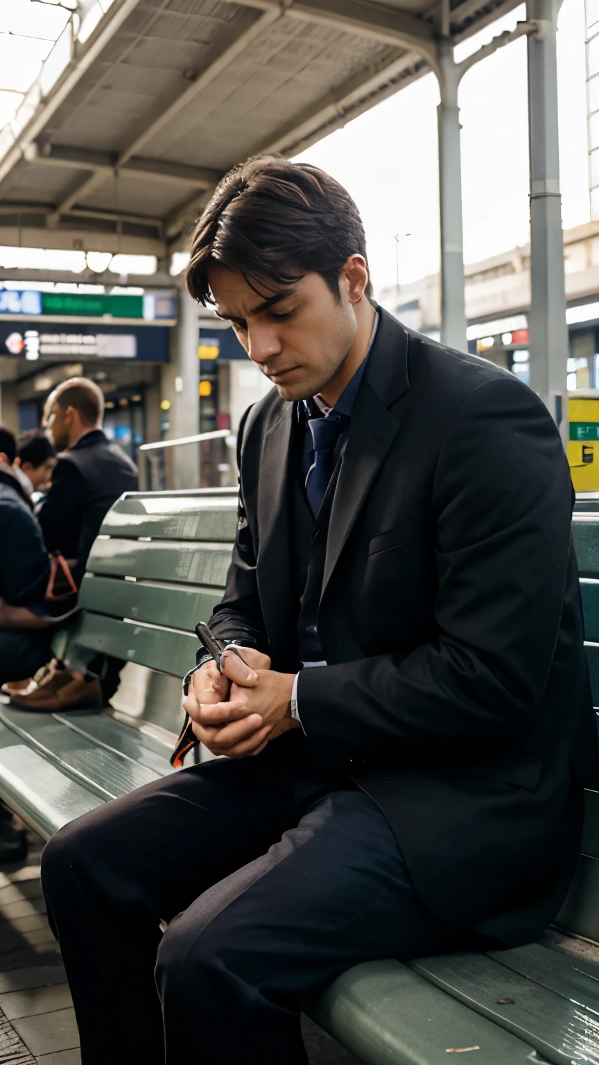 Stressed men sitting on bench at trainstation thinking about work