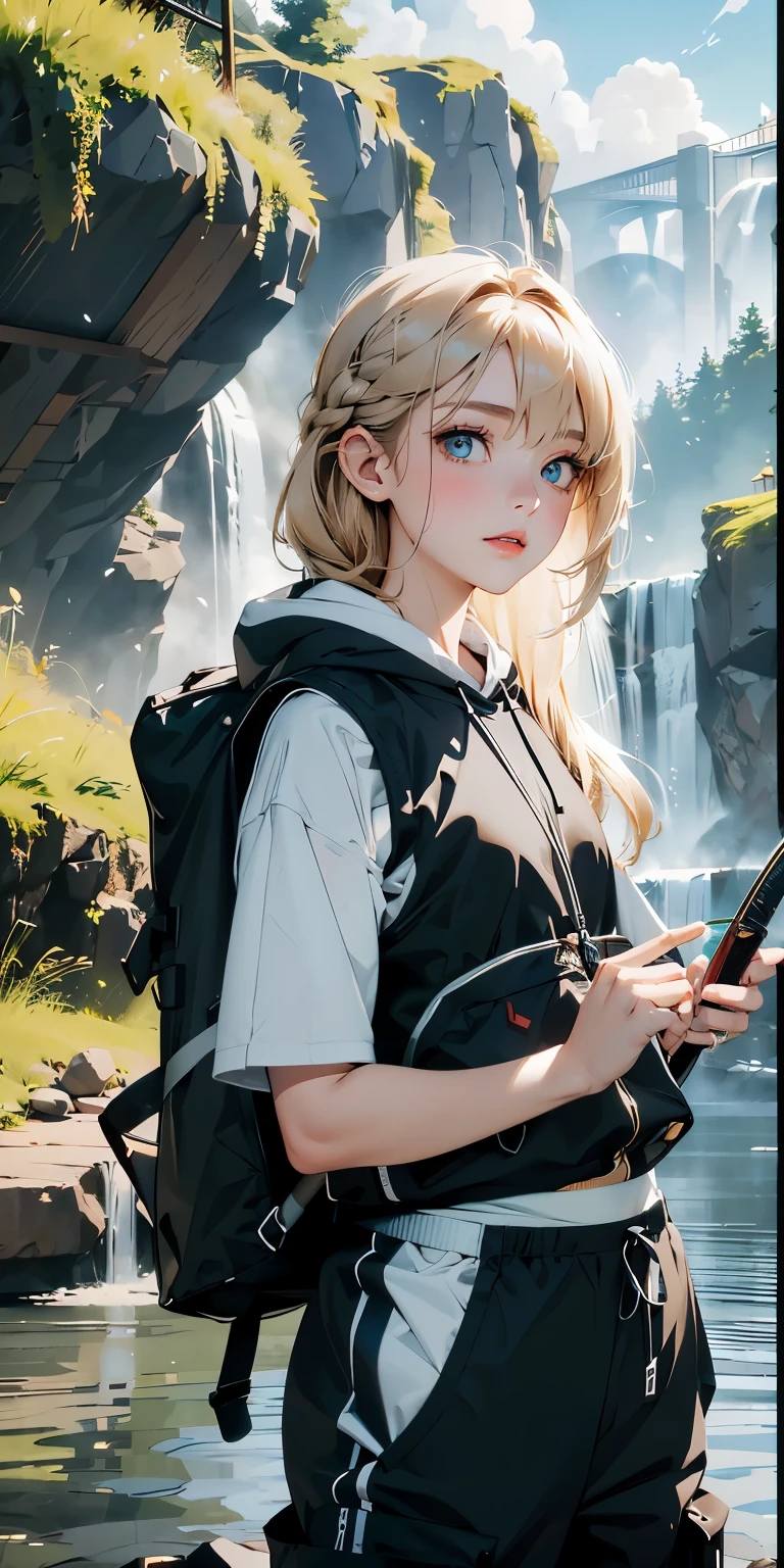 masterpiece、High resolution 8K、sharp focus、contrast lighting、ultra high resolution、ultra high resolution、Detailed CG、that'that'that'It's snowing、Low - Angle、full body shot、Beautiful woman、beautiful eyes、(detailed face and iace:1 2)、narrow eyes、almond eye、brown eyes、gradation eye、highlight:1.2)、(beautiful reddish brown hair、asymmetrical bangs、medium hair(small chest size) 、(oval face : 1.4)、(thin fingered arms、detailed human hand)、Woman fishing in the river、Beautiful and wide river、Flowing waterfall、rock surface、moss、forest、Mont、blue sky、Flowing clouds、vapor、mist、full body pose、Holding a fishing rod in your hand、Fishing lure rod、Outdoor Vest、hoodie、Waders、Long pants for fishing、Big backpack)、A woman fishing with a fishing rod in her hand pointing toward the water surface