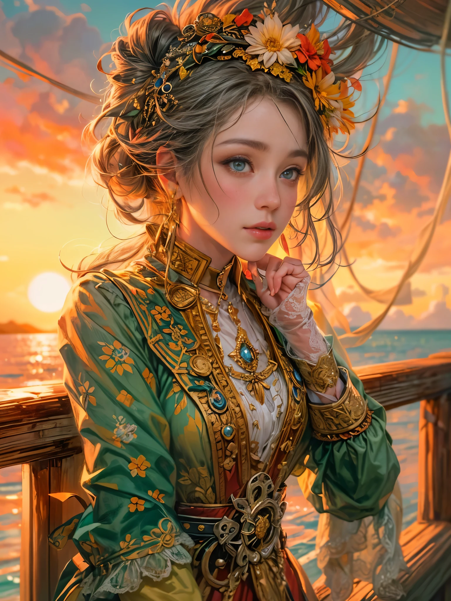 a picture of figures，It depicts a fantasy female pirate captain leaning on the railing of the ship in a  moment, with his back to the sea at sunset, his expression thoughtful, (eyes looking at the audience: 1.5)，Vibrant sunset sky reflected in calm sea，seagulls in the distance。Soft, warm lighting highlights her thoughtful gaze。Create using：digital strokes、Reflect emotions、calm ocean scene、Detailed character research、ambient sunset color、peaceful atmosphere、glibatree tips、HD quality、Natural look。Focus on showing the elegance and sophistication of female captains, (floral watercolor painting:1.3)，(Super high saturation, bright and vivid colors:1.5), (nsfw),
