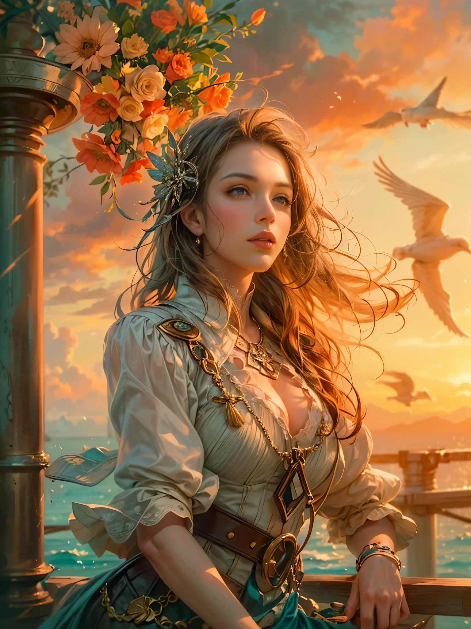 a picture of figures，It depicts a fantasy female pirate captain leaning on the railing of the ship in a  moment, with his back to the sea at sunset, his expression thoughtful, (eyes looking at the audience: 1.5)，Vibrant sunset sky reflected in calm sea，seagulls in the distance。Soft, warm lighting highlights her thoughtful gaze。Create using：digital strokes、Reflect emotions、calm ocean scene、Detailed character research、ambient sunset color、peaceful atmosphere、glibatree tips、HD quality、Natural look。Focus on showing the elegance and sophistication of female captains, (floral watercolor painting:1.3)，(Super high saturation, bright and vivid colors:1.5), (nsfw),