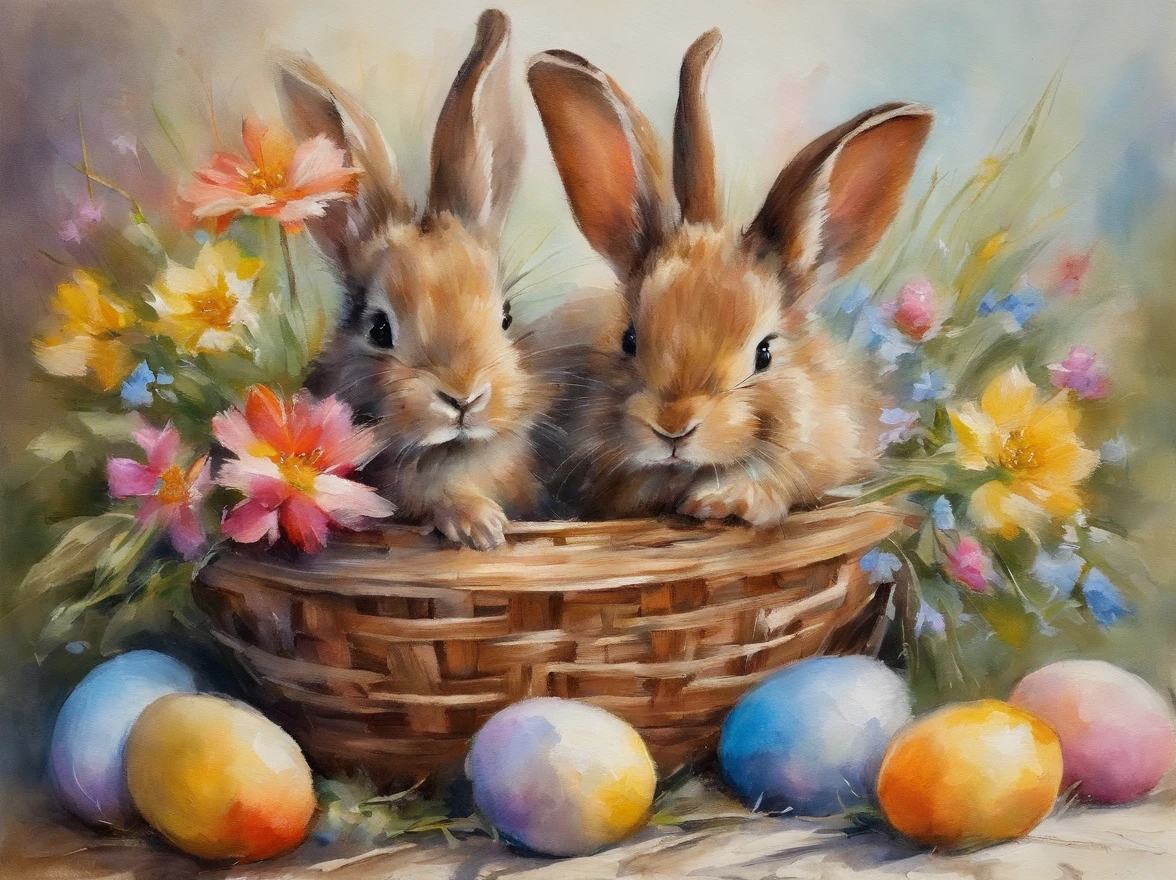 2 little small bunnies inside a wooden basket with easter eggs and flowers in an easter art holiday atmosphere, watercolor art, masterpiece, soft bright colors, soft light, easter holiday decor, 8K, detailed, highest quality artwork
