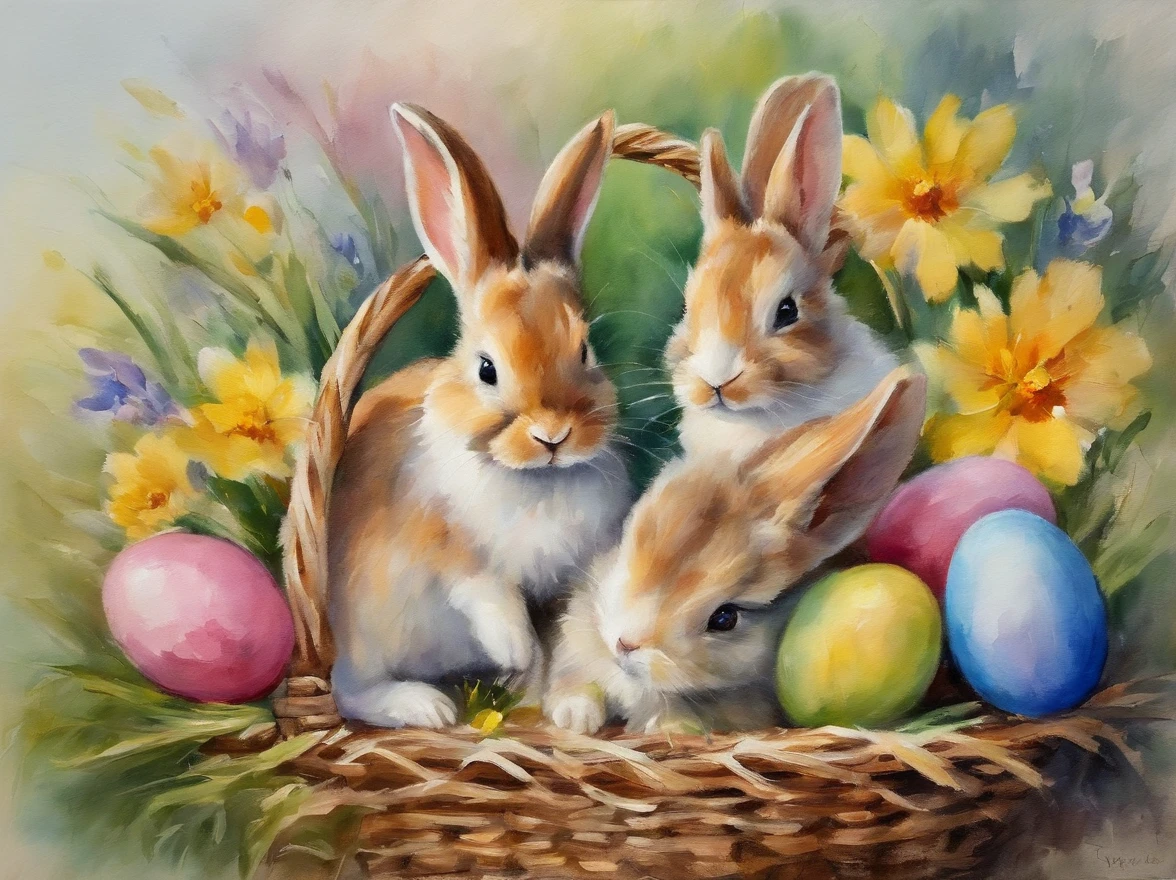 2 little small bunnies inside a wooden basket with easter eggs and flowers in an easter art holiday atmosphere, watercolor art, masterpiece, soft bright colors, soft light, easter holiday decor, 8K, detailed, highest quality artwork