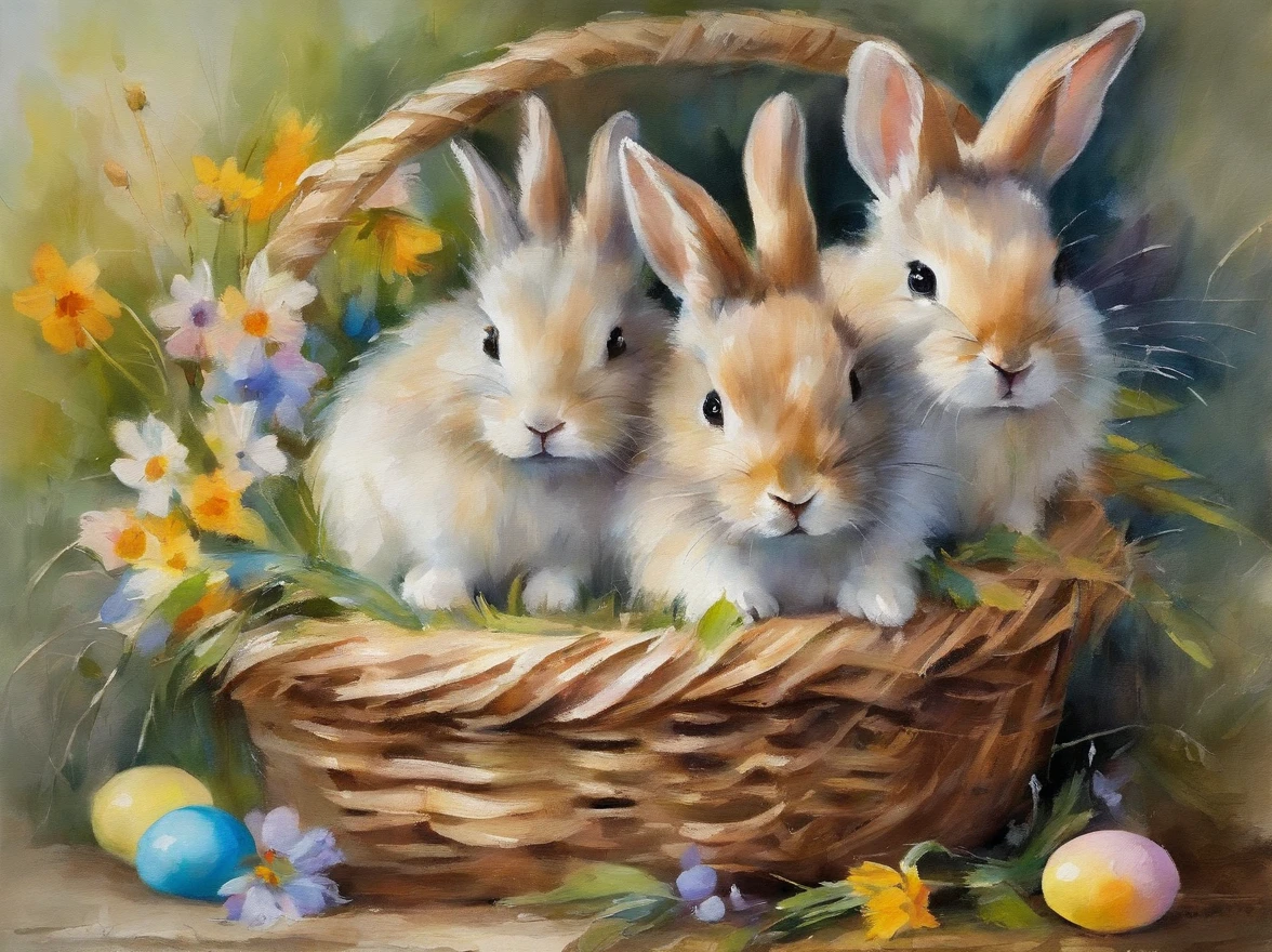 2 little small bunnies inside a wooden basket with easter eggs and flowers in an easter art holiday atmosphere, watercolor art, masterpiece, soft bright colors, soft light, easter holiday decor, 8K, detailed, highest quality artwork