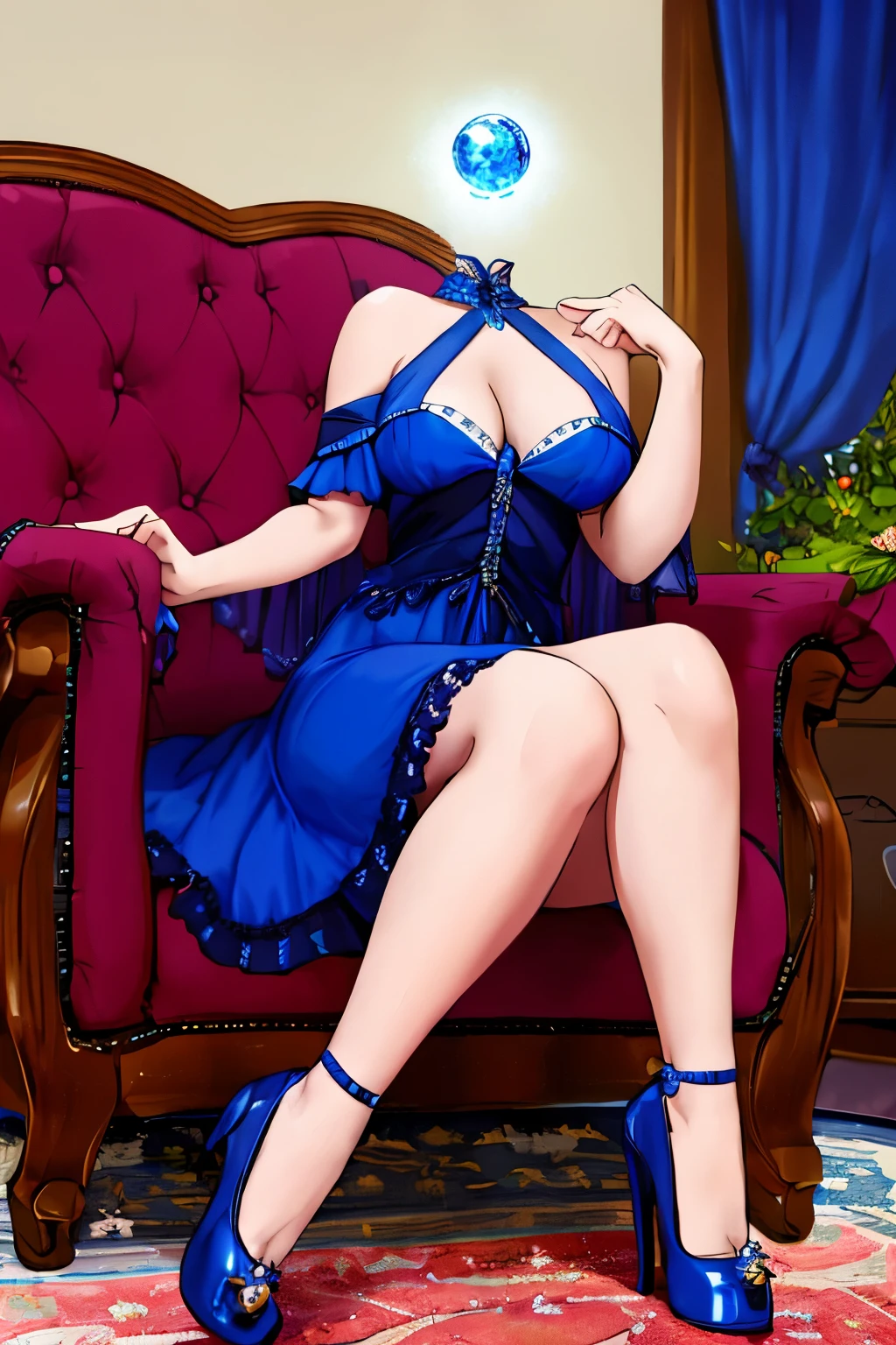 Highly detailed, High Quality, Masterpiece, beautiful, DisembodiedHead, 1girl, solo, headless, princess, cleavage, indigo blue dress, mini skirt, white pantyhose, indigo high heel, sitting, holding crystal ball, couch, living room, castle, fantasy,