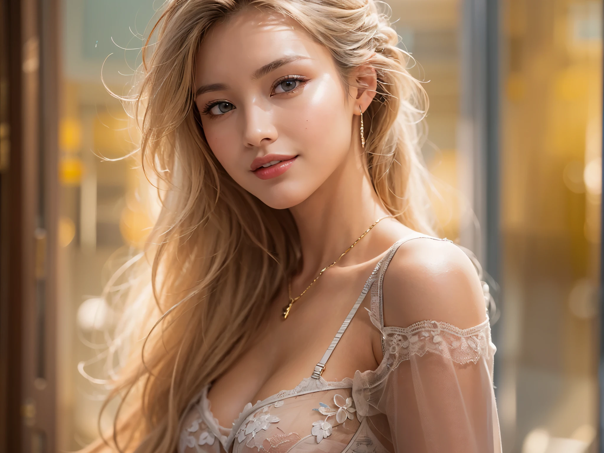 ((highest quality)),(ultra high resolution),(Super detailed),(detailed description),((best CG)),(best work of art),super precision art,great drawing art,(Art with precise details:1.5), (1 Female Fashion Model:1.6),beautiful and well-shaped face:1.6,see through lingerie,smile,shiny skin:1.6