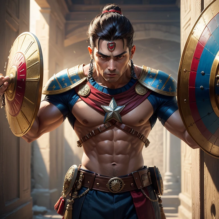masterpiece, top quality, best representation, official art, beautiful and aesthetic: 1.5,
Aztec Native Captain America,
striking pose, intricately detailed headdress, traditional armor, authentically replicated shield, star-spangled design, realistic muscles and tone,
mature and commanding presence, intense gaze,
vibrant colors, intricate patterns, gold accents,
dynamic composition, meticulous attention to detail,
realistic fabric texture, authentic historical elements,
perfect combination of modern icon and ancient culture.