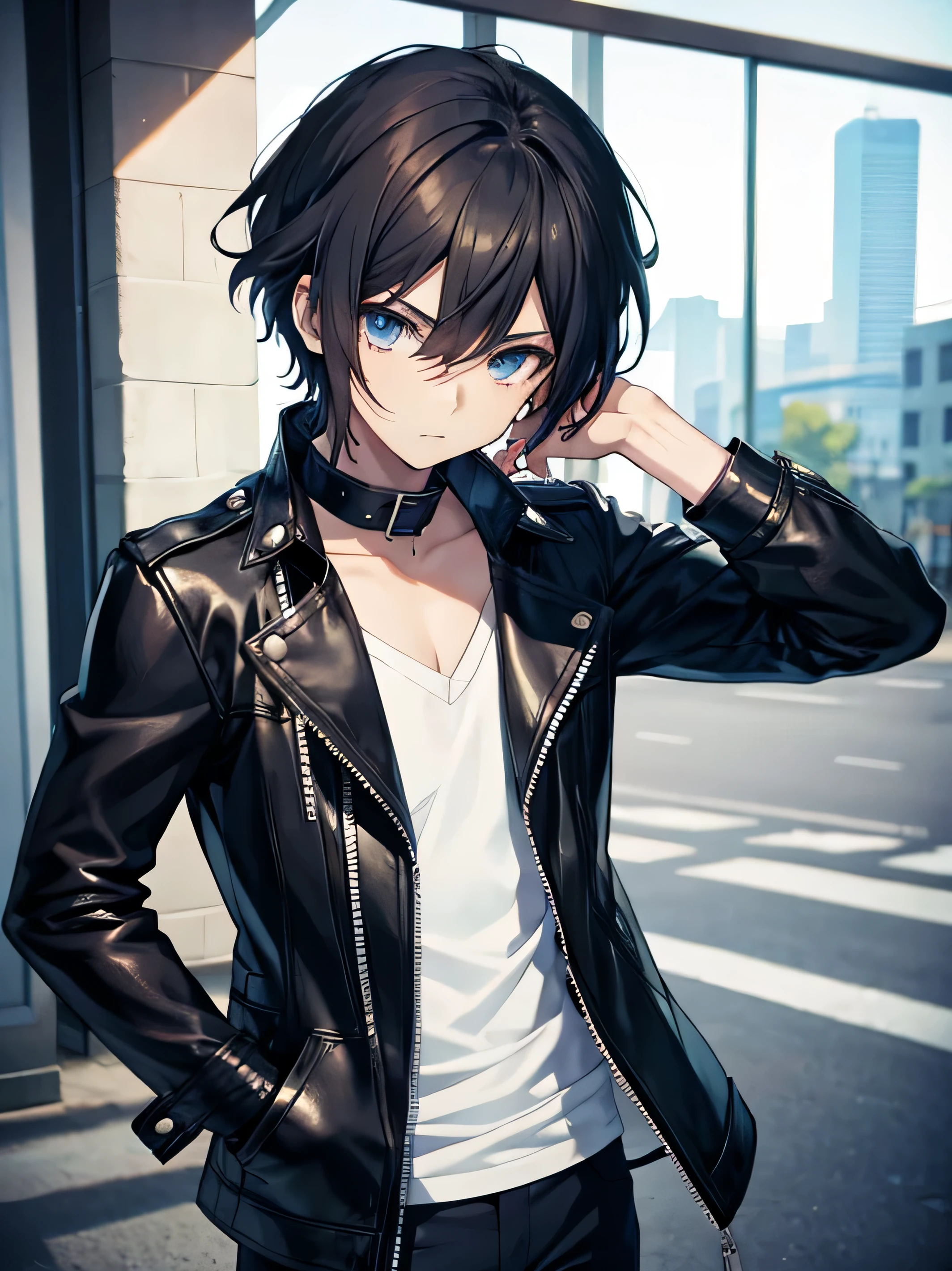 anime boy, wearing leather jcket. cool