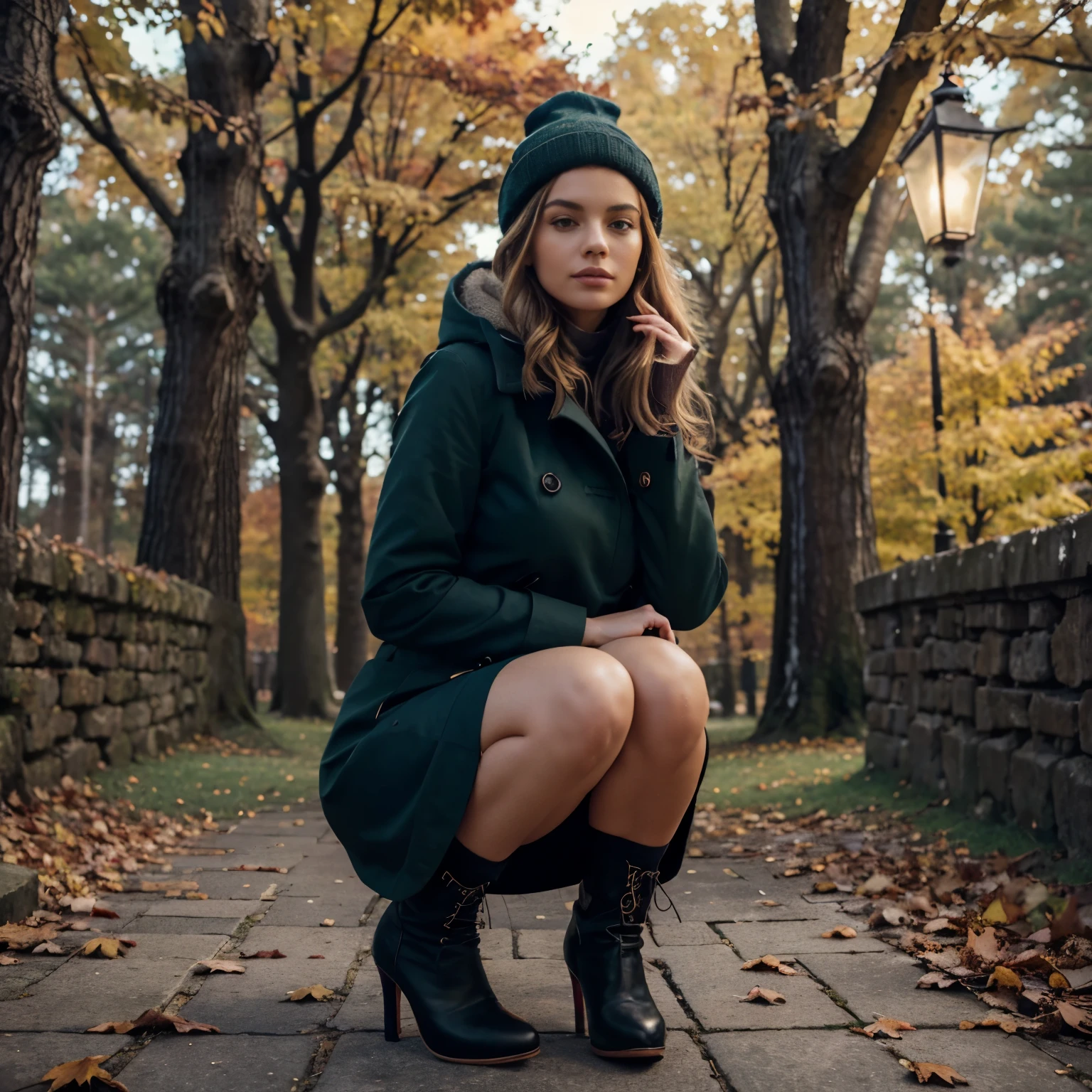 (Best quality, 8k, 32k, Masterpiece, UHD:1.2), Photo of cute tall Italian woman, blond woman, sexy, big breasts, very short hair, high heels, solo. The girl can be dressed in an exquisite dark-colored coat with a large hood that partially covers her face. Under the coat, there can be a light dress or skirt with dark colors that set off the autumn palette (burgundy, deep green or navy blue). You can complete the look with a knitted hat and high heeled boots. Choose a location in a park or forest with lots of fallen leaves. Yellowed trees that have already lost their leaves will create an autumnal atmosphere. Add atmospheric accessories such as large branches with autumn leaves, candles or lanterns.