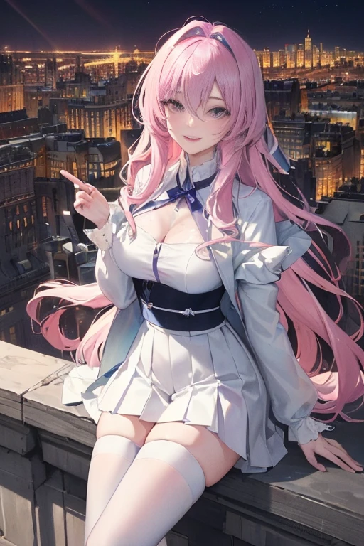 official art, masterpiece, Sharp focus beautiful gorgeous cute korean woman:1.3), (beautiful and cute korean:1.3), Korean beauty, exquisite beautiful hair、eyes and face, actual, Super detailed, beautiful girl, Luminous white particles, (side light:1.2), sunshine, Baiyun, Detailed cloud, Slender, buttocks, smile with teeth, ((smile with eyes, open your eyes)), landscape, long, straight hair, sexy facial expression, architecture, (city View:1.7), dynamic hair, long, straight hair, Detailed platinum pink hair, Luminous Blue Eyelue Pleated Shirt + white skirt), white stockings, pale skin, hair accessories, epic landscape,night,exposed