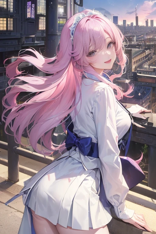 official art, masterpiece, Sharp focus beautiful gorgeous cute korean woman:1.3), (beautiful and cute korean:1.3), Korean beauty, exquisite beautiful hair、eyes and face, actual, Super detailed, beautiful girl,  Luminous white particles, (side light:1.2), sunshine, Baiyun, Detailed cloud, Slender, buttocks, smile with teeth, ((smile with eyes, open your eyes)), landscape, long, straight hair, sexy facial expression, architecture, (city View:1.7), dynamic hair, long, straight hair, Detailed platinum pink hair, Luminous Blue Eyelue Pleated Shirt + white skirt), white stockings, pale skin, hair accessories, epic landscape,night，exposed