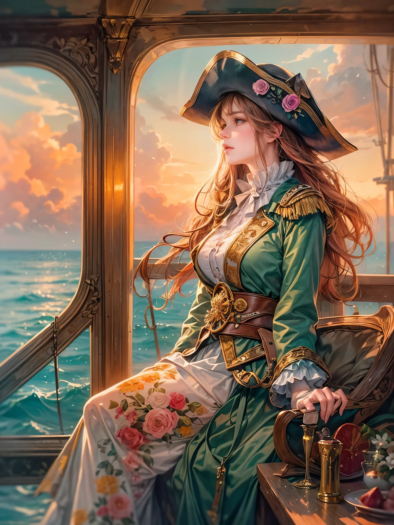 a picture of figures,Depicts a fantasy female pirate captain looking at the sea at sunset in a moment。Leaning on the ship's railing,The expression is thoughtful。Vibrant sunset sky reflected in calm sea,seagulls in the distance。Soft, warm lighting highlights her thoughtful gaze。Create using:digital strokes、Reflect emotions、calm ocean scene、Detailed character research、ambient sunset color、peaceful atmosphere、glibatree tips、HD quality、Natural look。Focus on showing the elegance and sophistication of female captains, (floral watercolor painting:1.5),(Super high saturation, bright and vivid colors:1.5), (nsfw), (Look at the audience head-on:1.5)