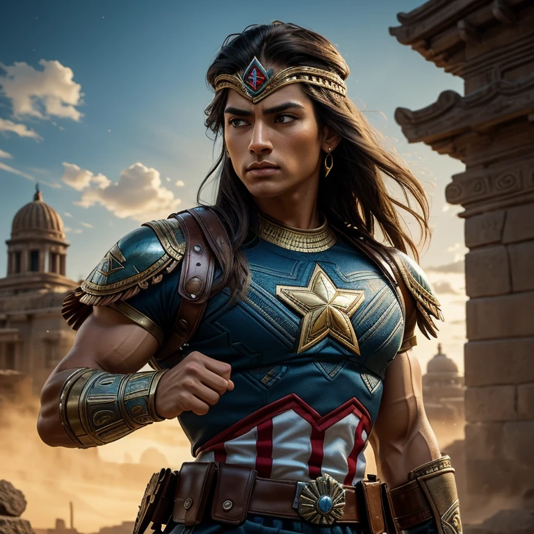 masterpiece, top quality, best representation, official art, beautiful and aesthetic: 1.5,
Aztec Native Captain America,
striking pose, intricately detailed headdress, traditional armor, authentically replicated shield, star-spangled design, realistic muscles and tone,
mature and commanding presence, intense gaze,
vibrant colors, intricate patterns, gold accents,
dynamic composition, meticulous attention to detail,
realistic fabric texture, authentic historical elements,
perfect combination of modern icon and ancient culture.