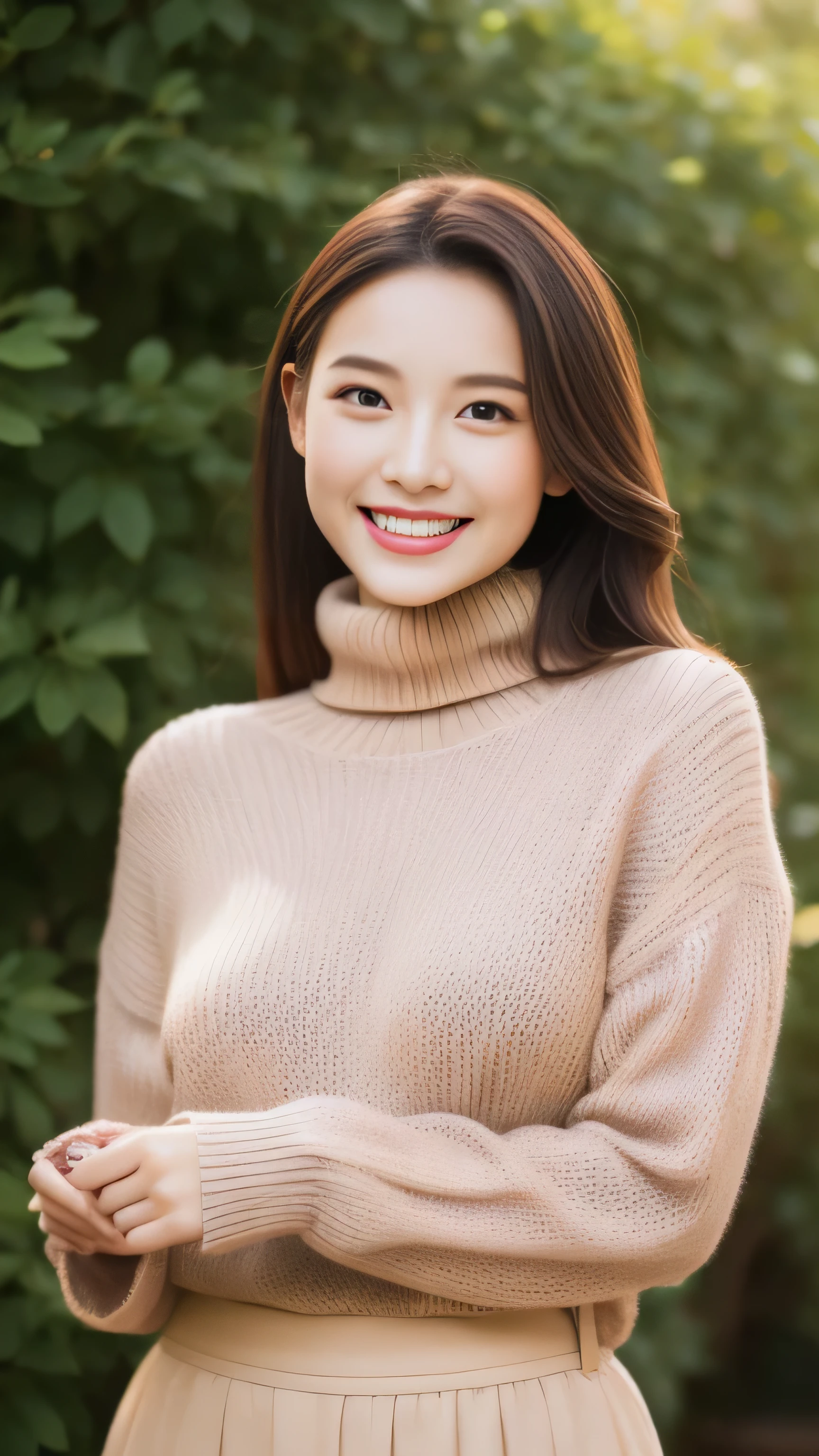 hostess face、sexy face、turtleneck wool sweater、skirt、High quality、Super realistic、healthy、smiling expression、perfect slender figure、Japanese beauty、 perfect eyes、Shining beautiful skin、garden