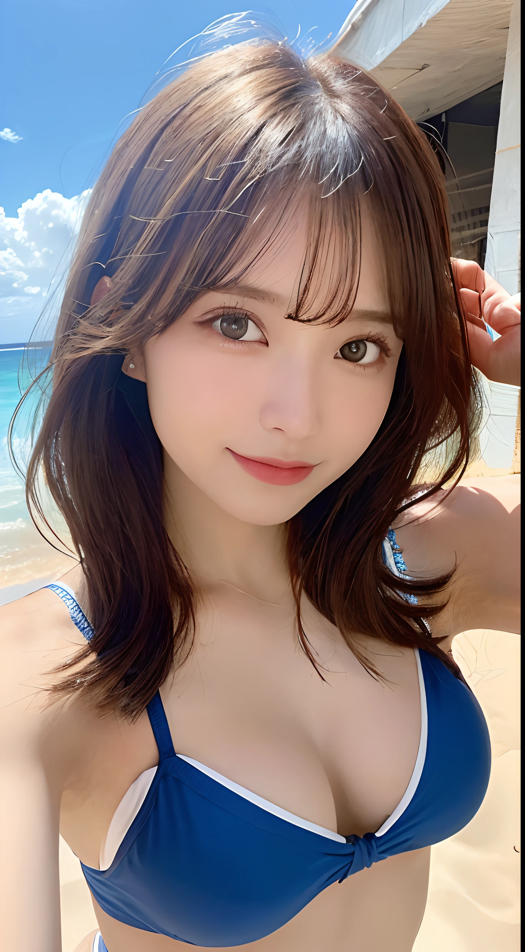 ((best quality, 8k, masutepiece :1.3)), sharp focus :1.2, Uma mulher bonita com figura perfeita :1.4, Abs esguio :1.2, ((Cabelos castanhos escuros, seios grandes :1.2)), (micro bikini:1.1), blue skies,, Textura altamente detalhada do rosto e da pele, Olhos detalhados, Double eyelidm, clivagem exposta