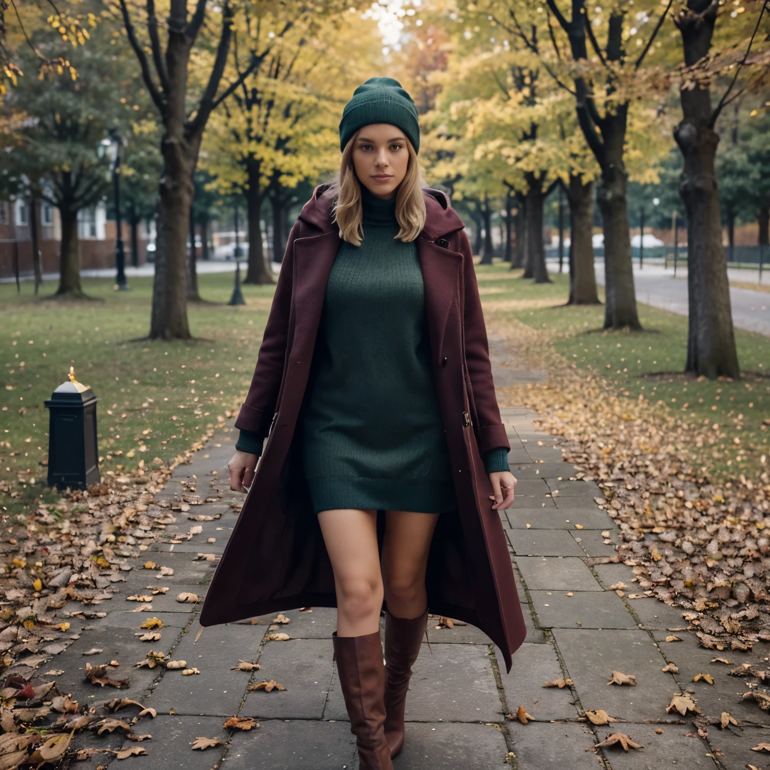 (Best quality, 8k, 32k, Masterpiece, UHD:1.2), Photo of cute tall Italian woman, blond woman, sexy, big breasts, very short hair, very short hair, high heels, solo. The girl can be dressed in an exquisite dark-colored coat with a large hood that partially covers her face. Under the coat, there can be a light dress or skirt with dark colors that set off the autumn palette (burgundy, deep green or navy blue). You can complete the look with a knitted hat and high heeled boots. Choose a location in a park or forest with lots of fallen leaves. Yellowed trees that have already lost their leaves will create an autumnal atmosphere. Add atmospheric accessories such as large branches with autumn leaves, candles or lanterns.