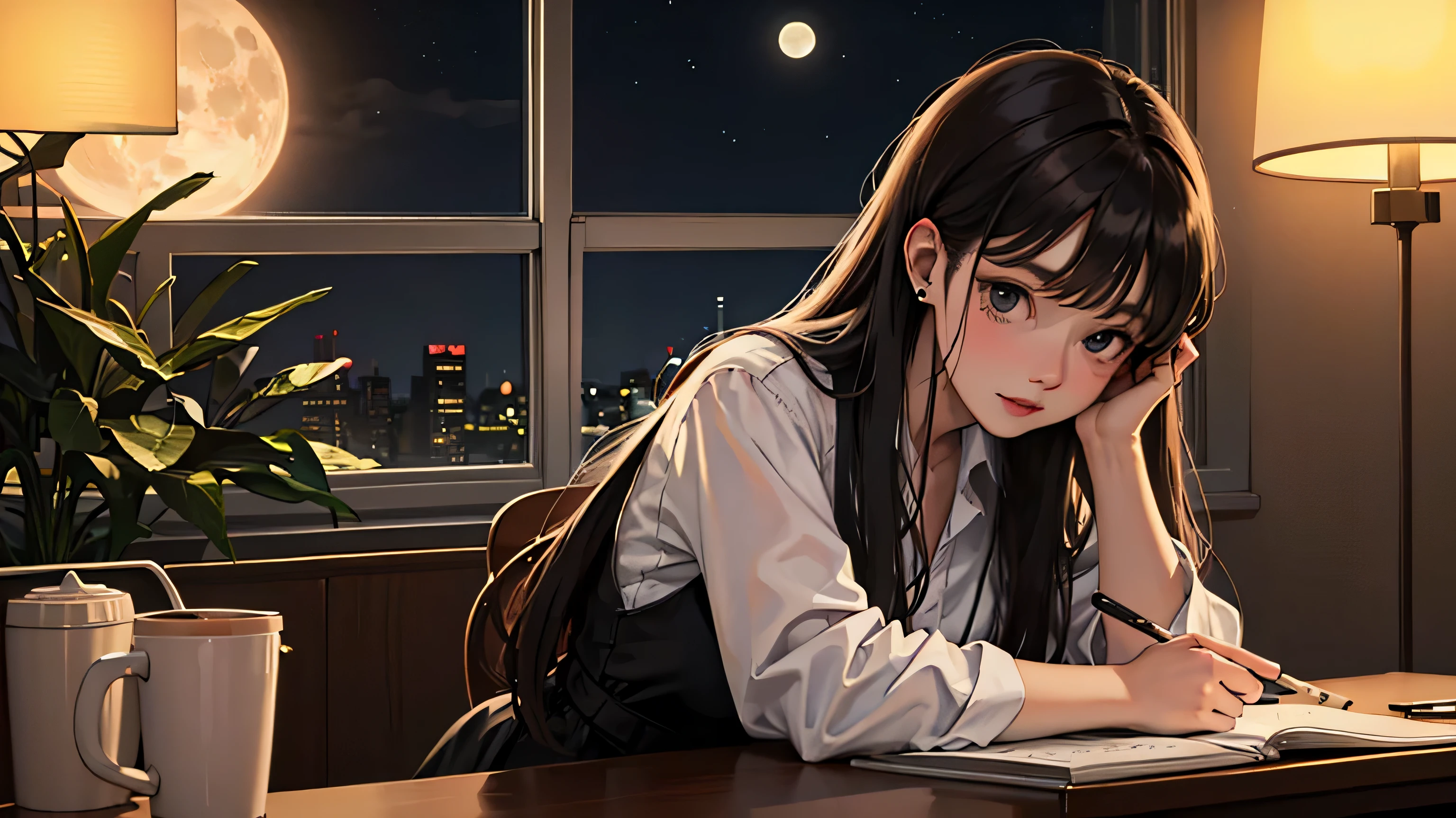 lofi style, study and writing, laptop on desk, listening music with earphone, beautiful long hair, beautiful moon shining at from window at night, coffee on table, wearing black dress, realistic, 8k
