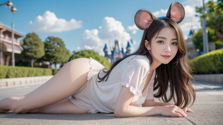 Tokyo Disney City〜, highest quality, realistic, Super detailed, finely, High resolution, (8K), 1 beautiful woman,, light brown messy hair, 彼女はパンクなTシャツandビキニを着ています.), sharp focus, perfect dynamic composition, beautiful and detailed eyes, thin hair, Detailed realistic skin texture, smile, , model body、(Full body to toes:1.4)、((Mickey's Ears))、(cloud level shot)、(side standing、looking forward to it)、(白い歯を見せるsmile)、(side shot)、(Mickey Mouse)、(minnymouse)、(and)、(Lying sideways)、