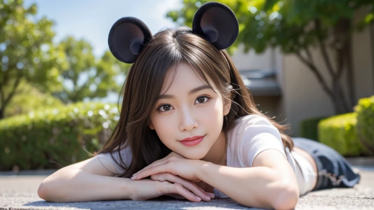 Tokyo Disney City〜, highest quality, realistic, Super detailed, finely, High resolution, (8K), 1 beautiful woman,, light brown messy hair, 彼女はパンクなTシャツandビキニを着ています.), sharp focus, perfect dynamic composition, beautiful and detailed eyes, thin hair, Detailed realistic skin texture, smile, , model body、(Full body to toes:1.4)、((Mickey's Ears))、(cloud level shot)、(side standing、looking forward to it)、(白い歯を見せるsmile)、(side shot)、(Mickey Mouse)、(minnymouse)、(and)、(Lying sideways)、