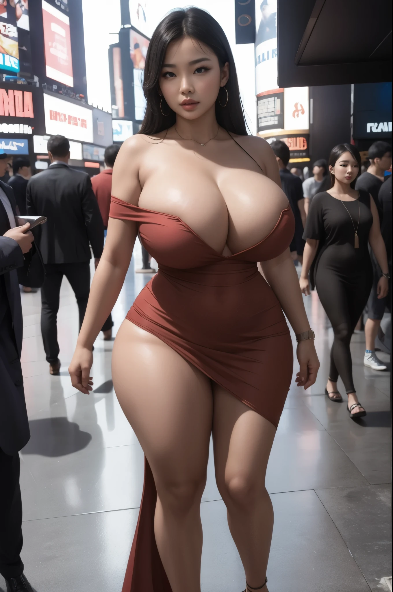 beautiful Asian, 1girl,solo,realistic photo, busty body,curvy,thick,seductive, time square background,walking,sexy dress,bare shoulder,( gigantic breasts2.5), Korean idol,kpop