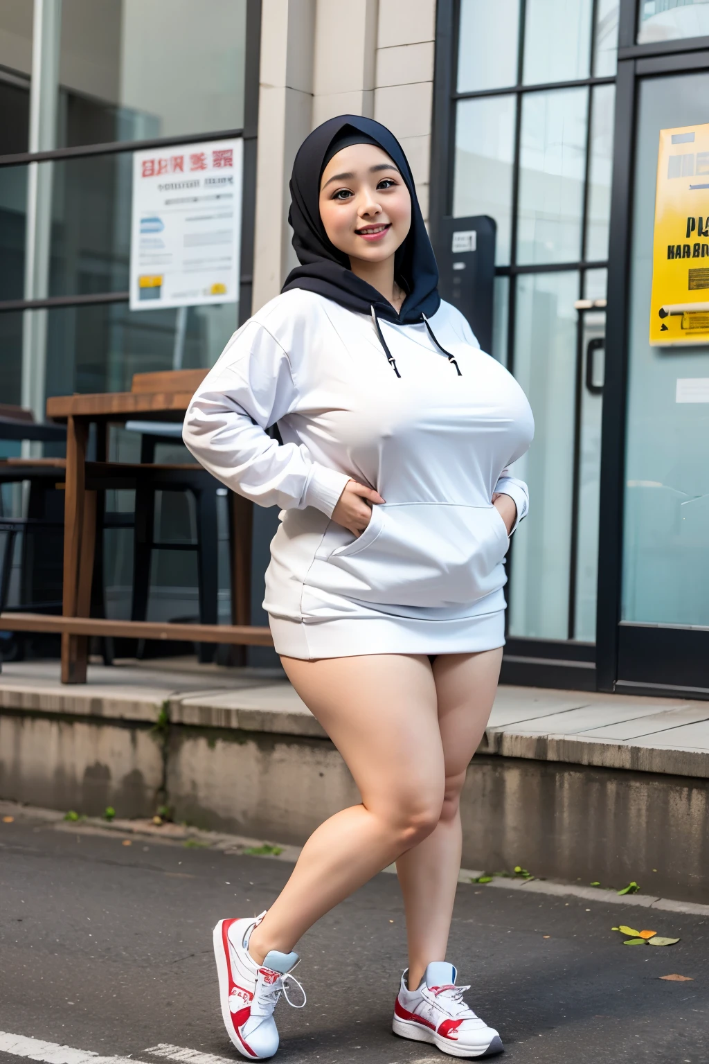 ((best quality)), ((masterpiece)), (detailed), perfect face, wanita dewasa, memakai sebuah hijab dan sneakers, chubby, full body shoot, huge breasts, large breast , wearing a hoodie and mini skirt, big thighs, milky white skin, asian girl, thicc