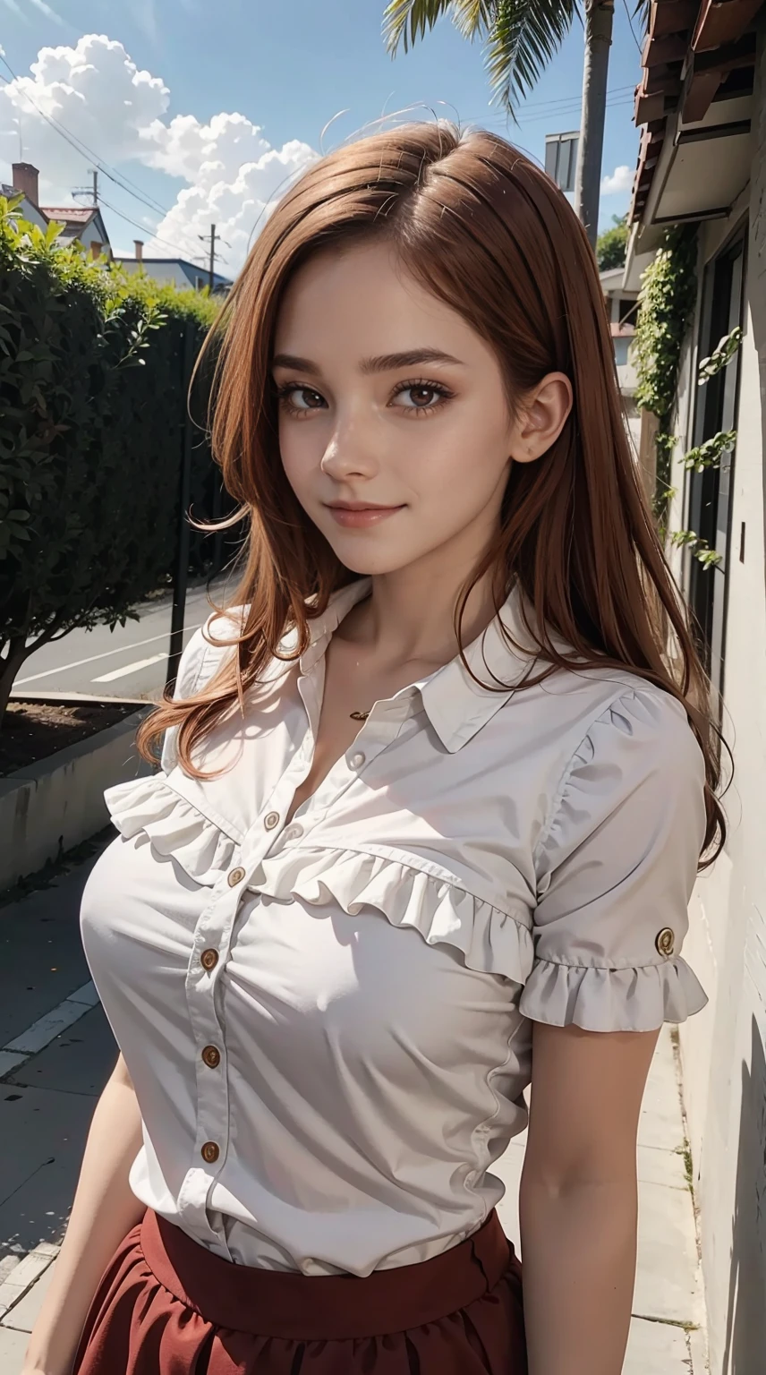 excellent quality, masterpiece, red eyes, look up, Upper body, cute, frill shirt, they are smiling,redhead