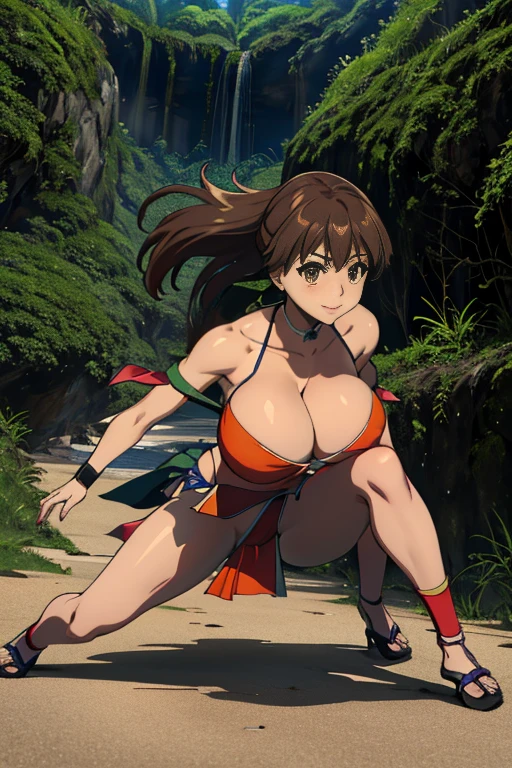 masterpiece, high resolution, best quality, 1 woman, solo, Mii, big breasted, cleavage, blue_japanese_clothes, sleeveless, brown stockings, full body, alluring outfit, sexy body, fighting in combat, action scene, smiling joyfully, being confident, attacking, bouncing breasts, panties exposed by the wind, jungle environment