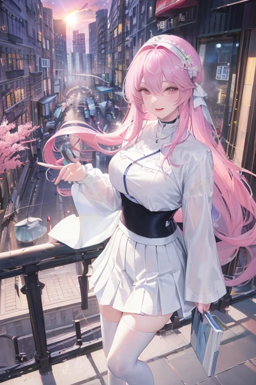 official art, masterpiece, Sharp focus beautiful gorgeous cute korean woman:1.3), (beautiful and cute korean:1.3), Korean beauty, exquisite beautiful hair、eyes and face, actual, Super detailed, beautiful girl,  Luminous white particles, (side light:1.2), sunshine, Baiyun, Detailed cloud, Slender, buttocks, smile with teeth, ((smile with eyes, open your eyes)), landscape, long, straight hair, sexy facial expression, architecture, (city View:1.7), dynamic hair, long, straight hair, Detailed platinum pink hair, Luminous Blue Eyelue Pleated Shirt + white skirt), white stockings, pale skin, hair accessories, epic landscape,night，white skirt飘起