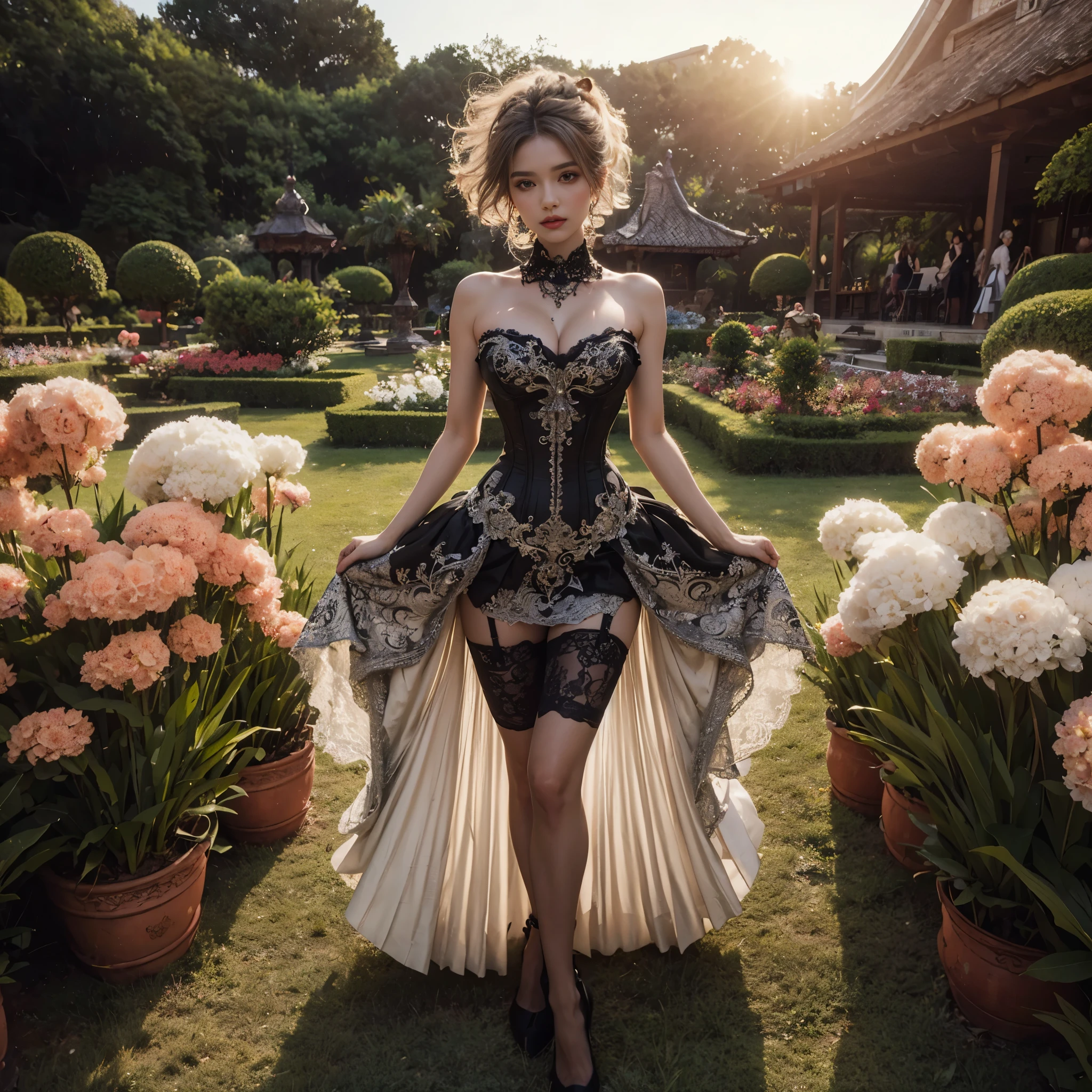 arafed woman with bustier gigantic breast in a corset and dress in front of a building, wearing an ornate outfit, ornate dress, intricate dress, elegant corset, ornate and elegant, extravagant dress, inspired by Hedi Xandt, ornate attire, intricate outfit, ornate royal gown, ornate clothing, ornate gown, intricate and elegant, intricate detailed dress, ornate , royal dress, masterpiece, best quality:1.2),,(8k,highres,RAW photo,realistic,photo-realistic:1.3),(detailed skin texture,detailed cloth texture,beautiful detailed face:1.25),professional lighting,photon mapping,beautiful soft light,radiosity,physically-based rendering,raytracing, model shoot style, model shoot style, (extremely detailed CG unity 8k wallpaper), full shot body photo of the most beautiful artwork in the world,