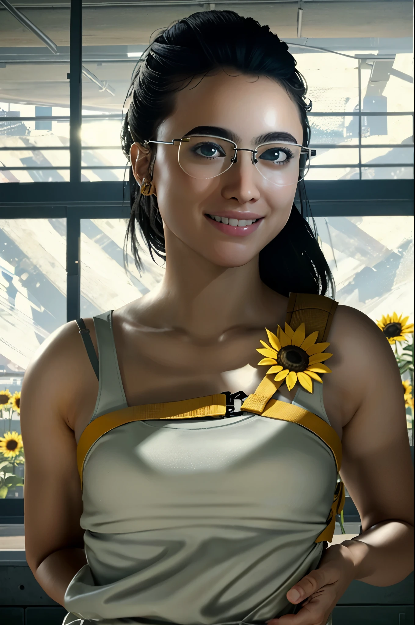 (masterpiece, best quality:1.3) MamaDS, 1girl, indian, solo, long hair, black hair, glasses, in a sunflower green house, smiling, sunlight radiating out of her hair, instagram photo, kodak, portra, by wlop