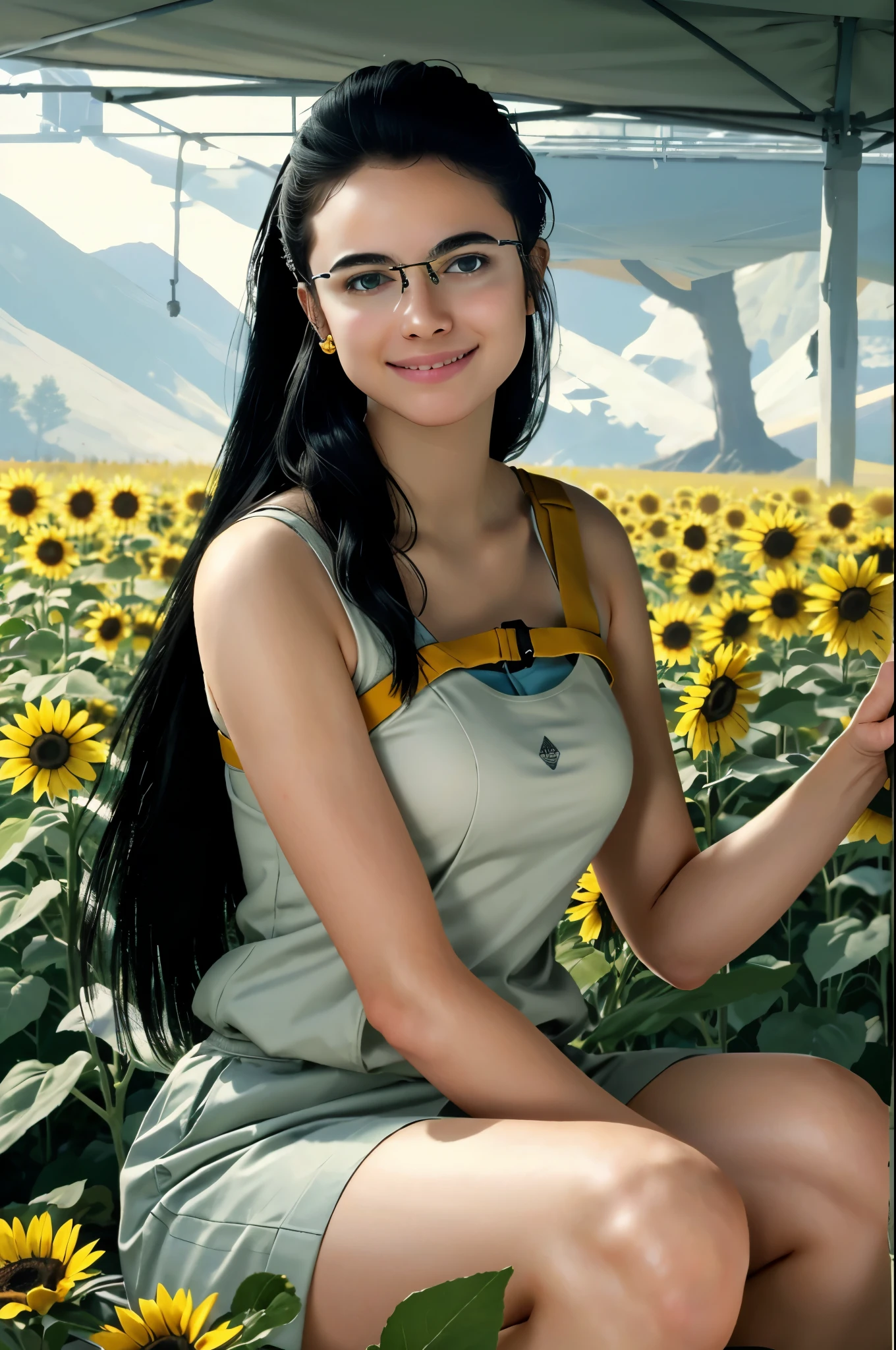 (masterpiece, best quality:1.3) MamaDS, 1girl, indian, solo, long hair, black hair, glasses, sitting in a sunflower field, smiling, sunlight radiating out of her hair, portrait photo,