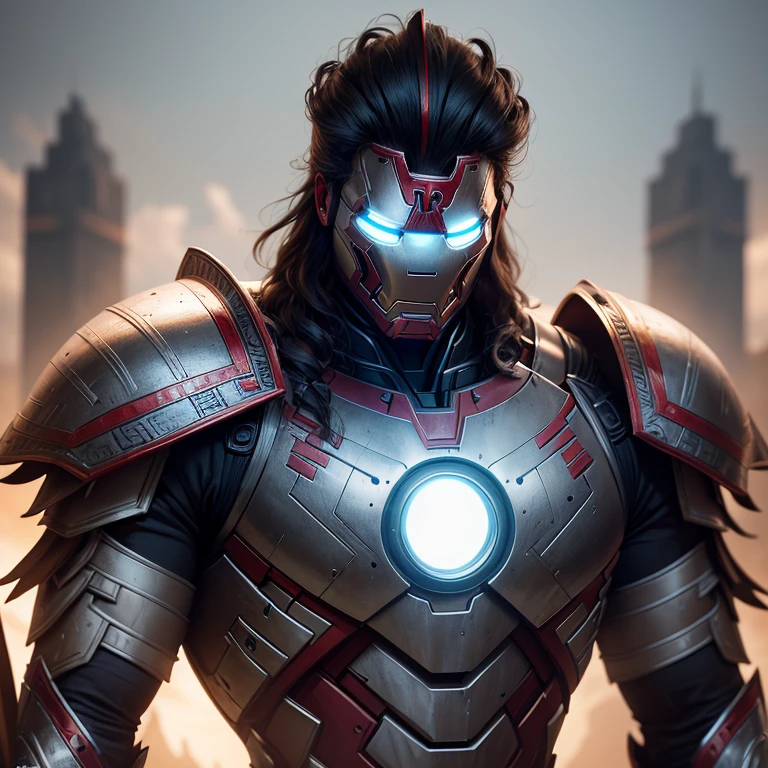 Aztec Native Iron Man Avenger, clad in intricately designed iron armor, towers over his reverent subjects. Obra-prima, melhor qualidade, Textura 8K, altamente detalhados, realista. His iron mask reveals piercing, determined eyes, while the feathered headdress of hisAztec heritage adorns his head. Soft cinematic light enhances the HDR contrast of his armor, with a nítido focus that brings out the subtle textures and fotorrealista details. This premiered photograph, taken with a Canon EOS R5 and 35 mm lens, captures the epic narrative of this iconic Avenger