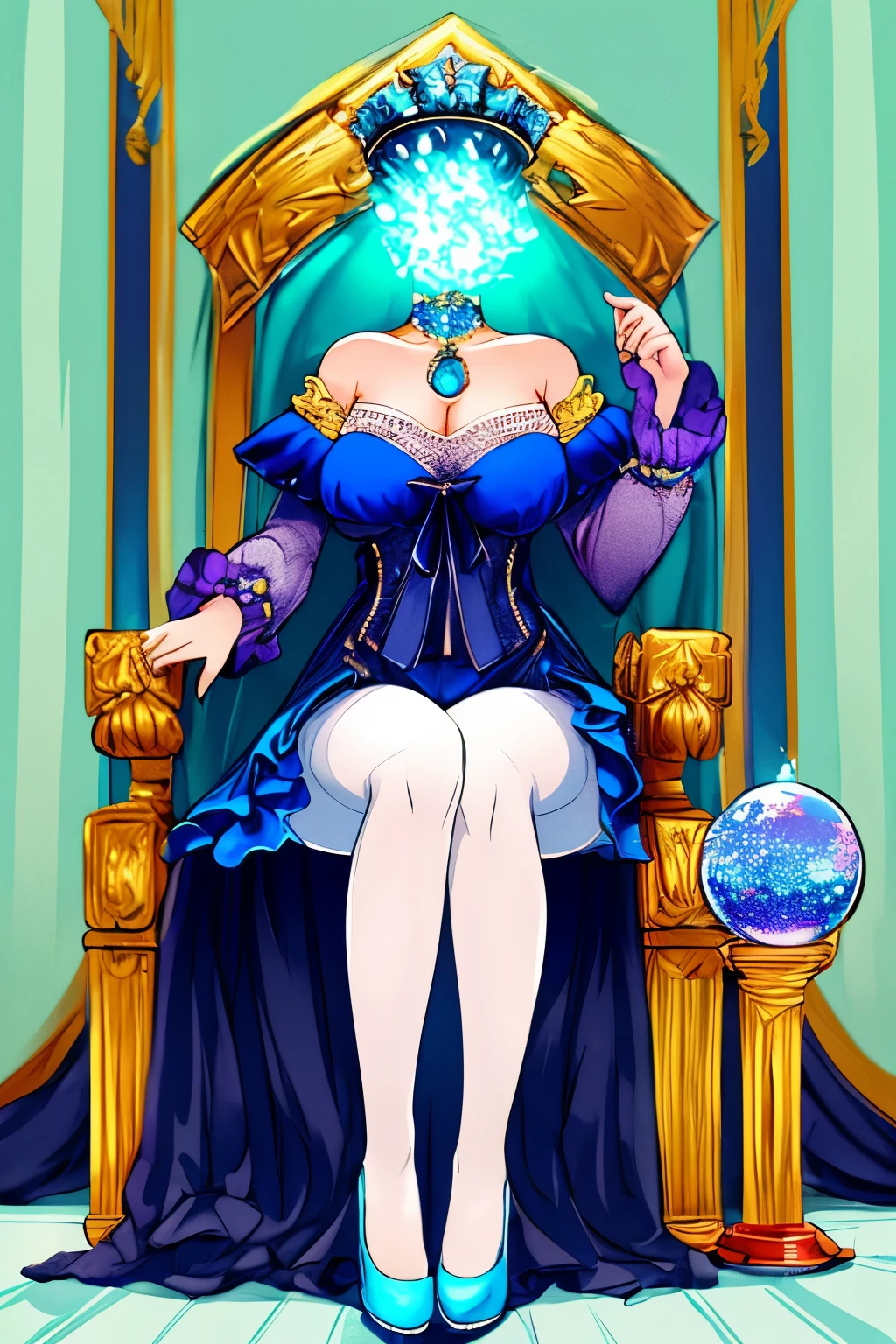 Highly detailed, High Quality, Masterpiece, beautiful, DisembodiedHead, 1girl, solo, headless, princess, cleavage, indigo one piece dress, mini skirt, white pantyhose, indigo high heel, sitting, crystal ball, throne, throne room, castle, fantasy, full body