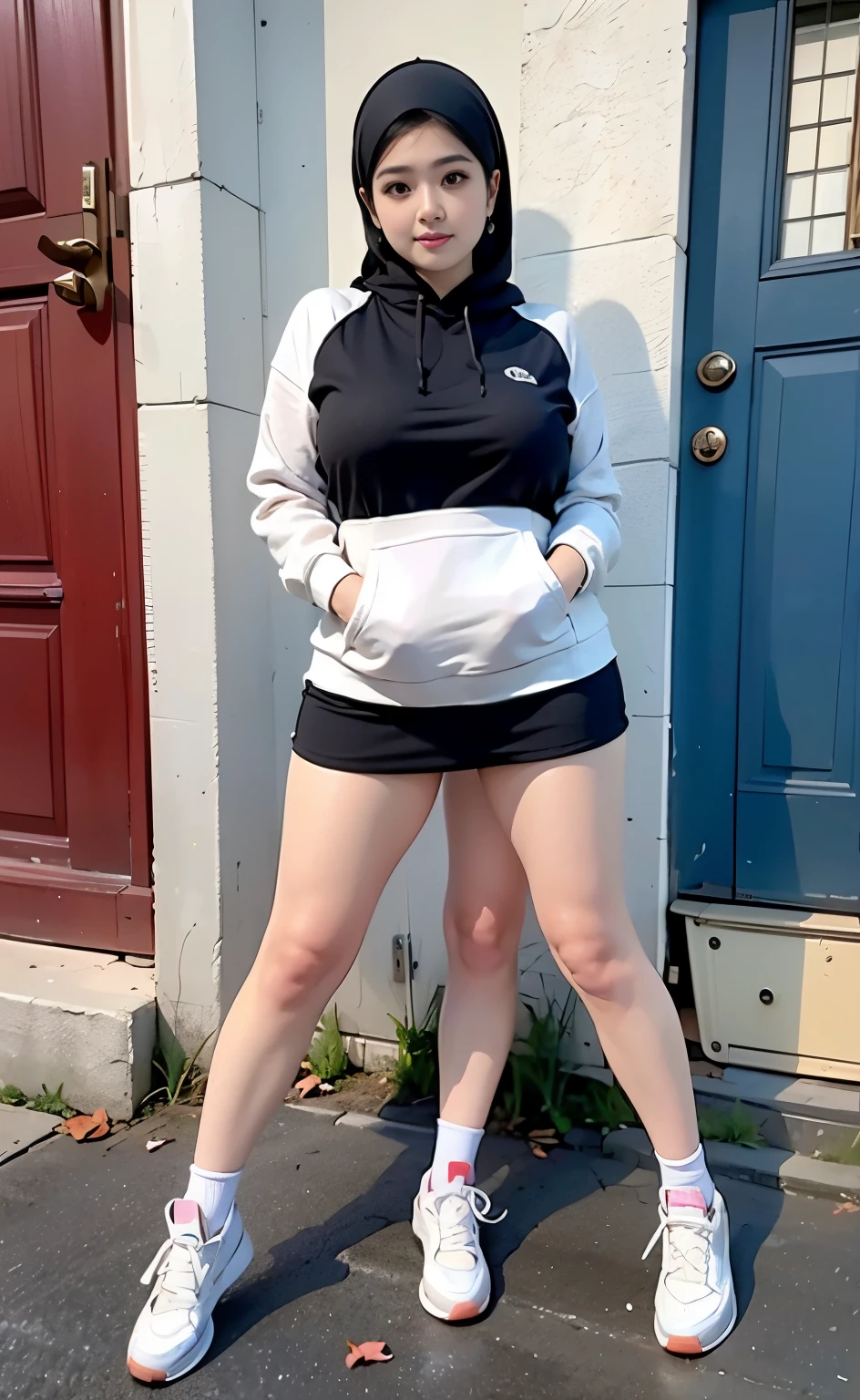 trileg, beautiful woman with three curvy legs, black crop with skirt, casual white sneakers, age 29, Irish, hijab, two headed