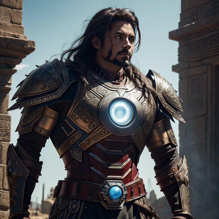 Aztec Native Iron Man Avenger, clad in intricately designed iron armor, towers over his reverent subjects. Obra-prima, melhor qualidade, Textura 8K, altamente detalhados, realista. His iron mask reveals piercing, determined eyes, while the feathered headdress of hisAztec heritage adorns his head. Soft cinematic light enhances the HDR contrast of his armor, with a nítido focus that brings out the subtle textures and fotorrealista details. This premiered photograph, taken with a Canon EOS R5 and 35 mm lens, captures the epic narrative of this iconic Avenger