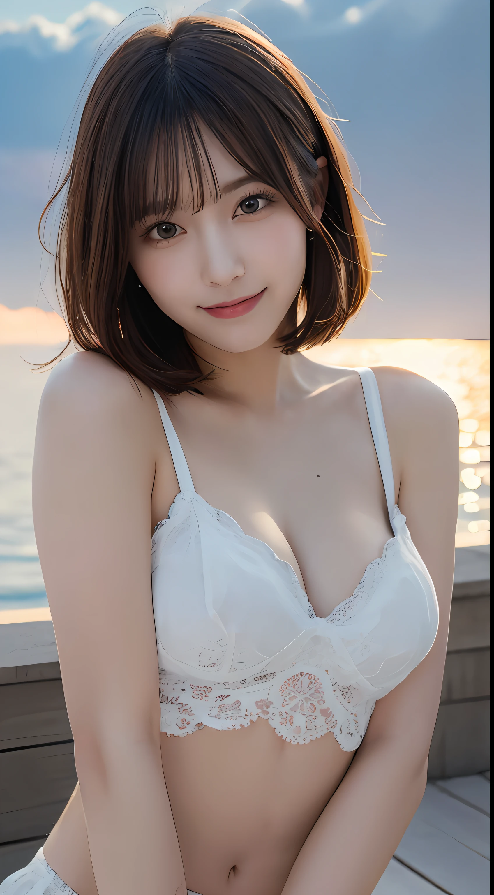 masutepiece, Best Quality, Illustration, Ultra-detailed, finely detail, hight resolution, 8K Wallpaper, Perfect dynamic composition, Beautiful detailed eyes, Women's Fashion Summer,Short bob hair,Small breasts natural color lip, Bold sexy poses,Smile,Harajuku、20 years girl、Cute、Sexy shot looking at camera