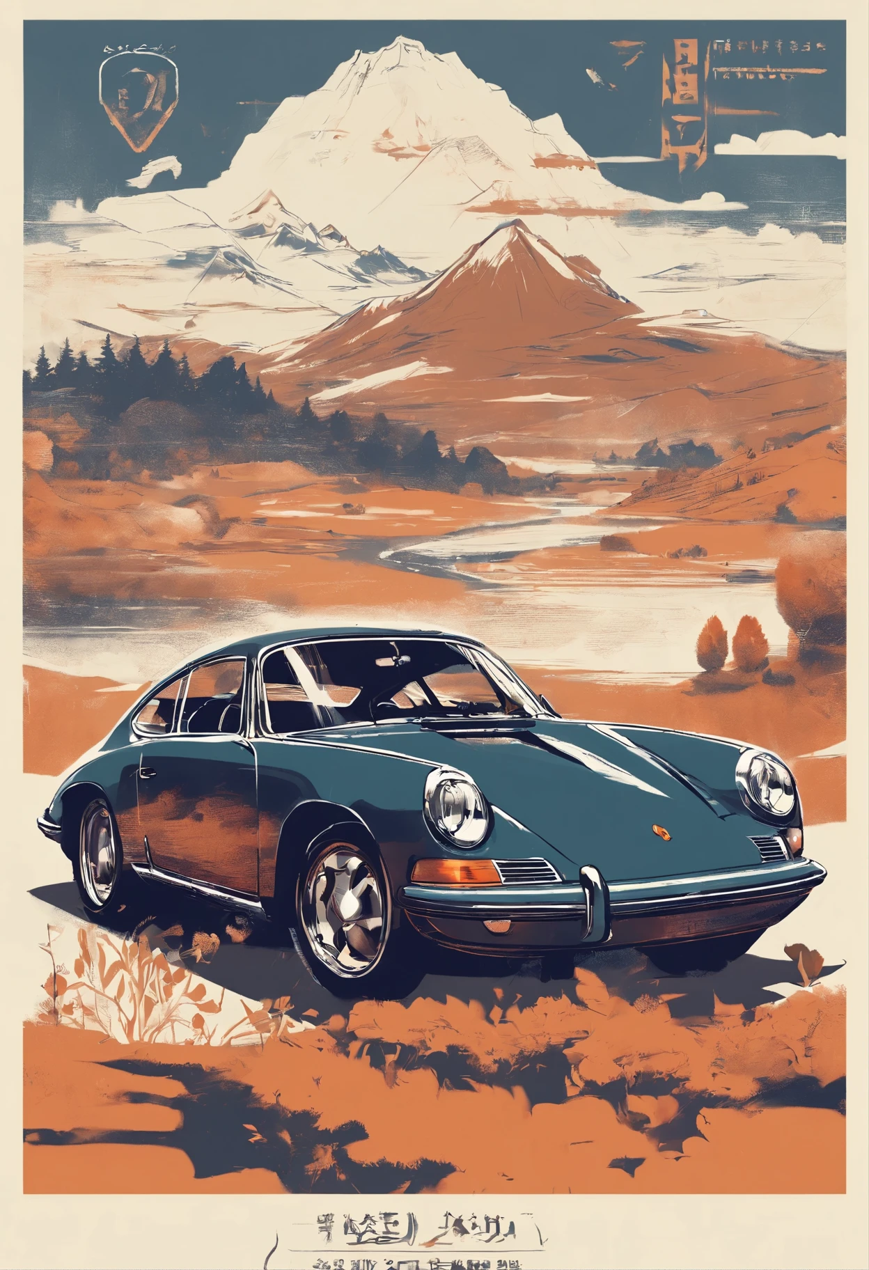 T-shirt design, Genshin Impact Pictures, vector, A Porsche Cyenne with a landscape as a background, Detailed description, and vintage style