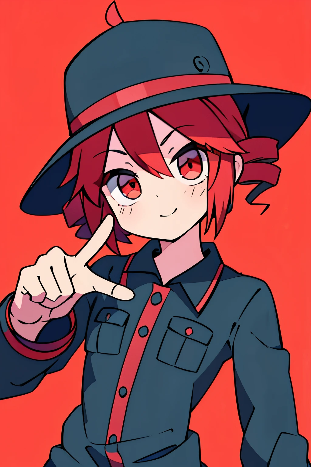 solo,KasaneTeto, (Red hair, high quality),gary_t-shirt,black hat,pointing_at_self,both hand on own chin